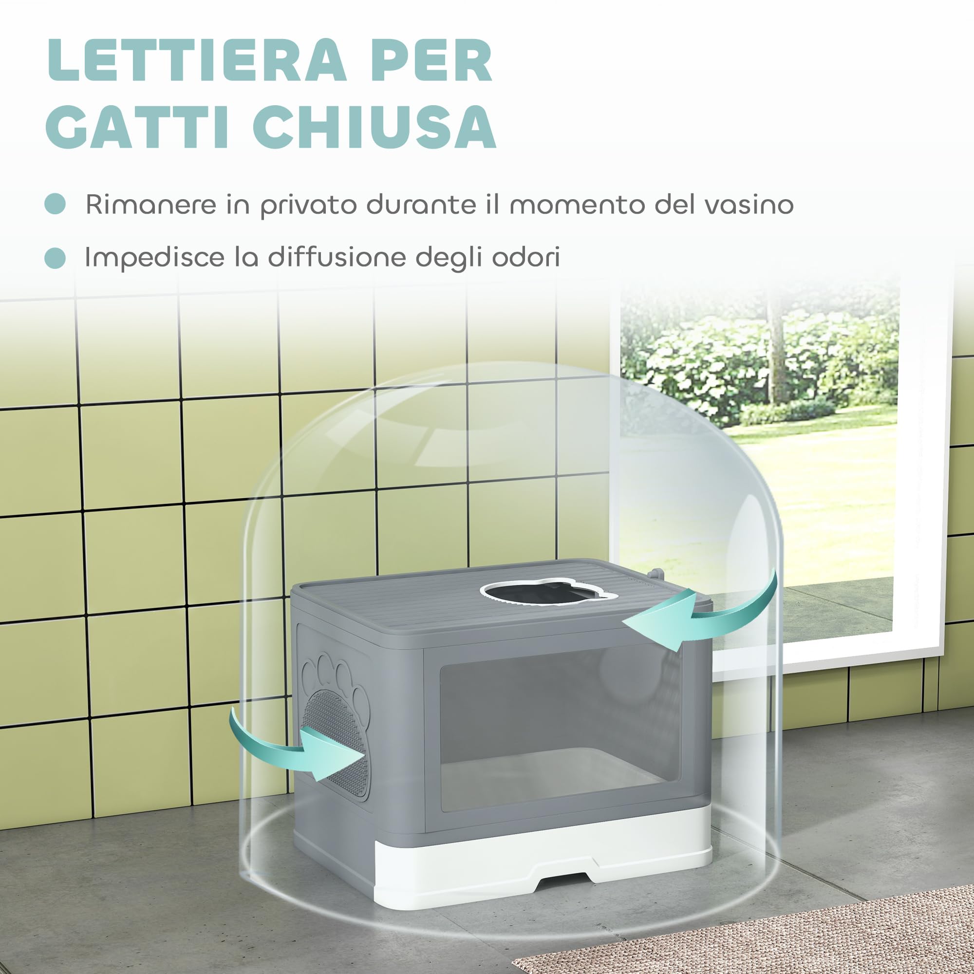 PawHut Lettiera per Gatti Chiusa con Coperchio Apertura Frontale Grigio | Toilette per Gatti, Doppia Entrata Frontale e Superiore, Cassetto Estraibile, Paletta e Spazzola, Facile da Pulire