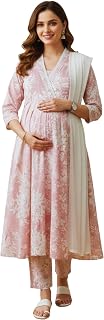 DUMMY SHAPE Feeding Kurta Set for Women Cotton Blend | Floral Anarkali Pregnancy Kurta Pant with Nursing Zipper, Side Pock... Price In India