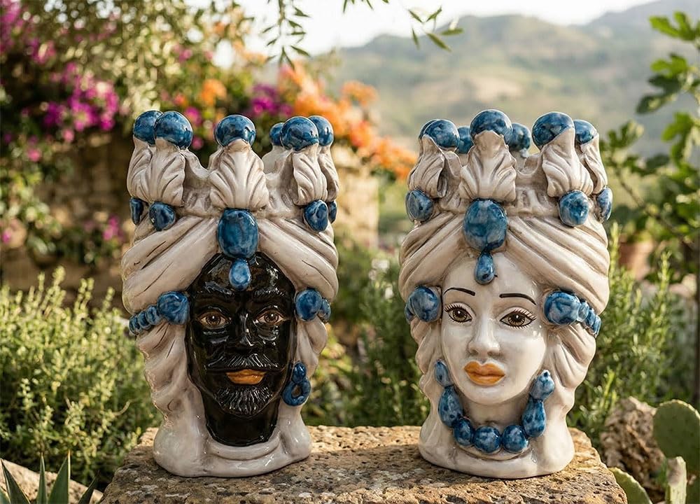 Generico Coppia teste di moro Caltagirone blu in ceramica siciliana vaso grande H 20 cm