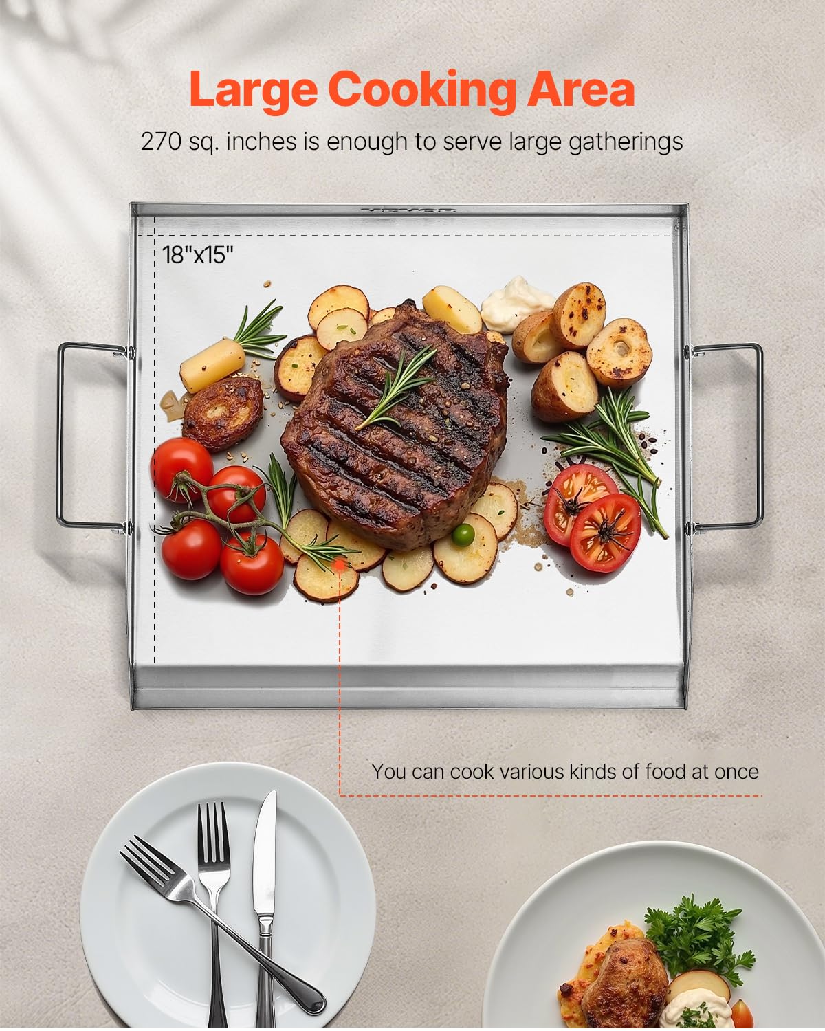 VEVOR Plaque de cuisson en acier inox, plaque de four rectangulaire universelle à dessus plat, 448 x 370 mm, batterie de cuisine familiale portable à gaz avec poignée, pour camping, fête de talonnage