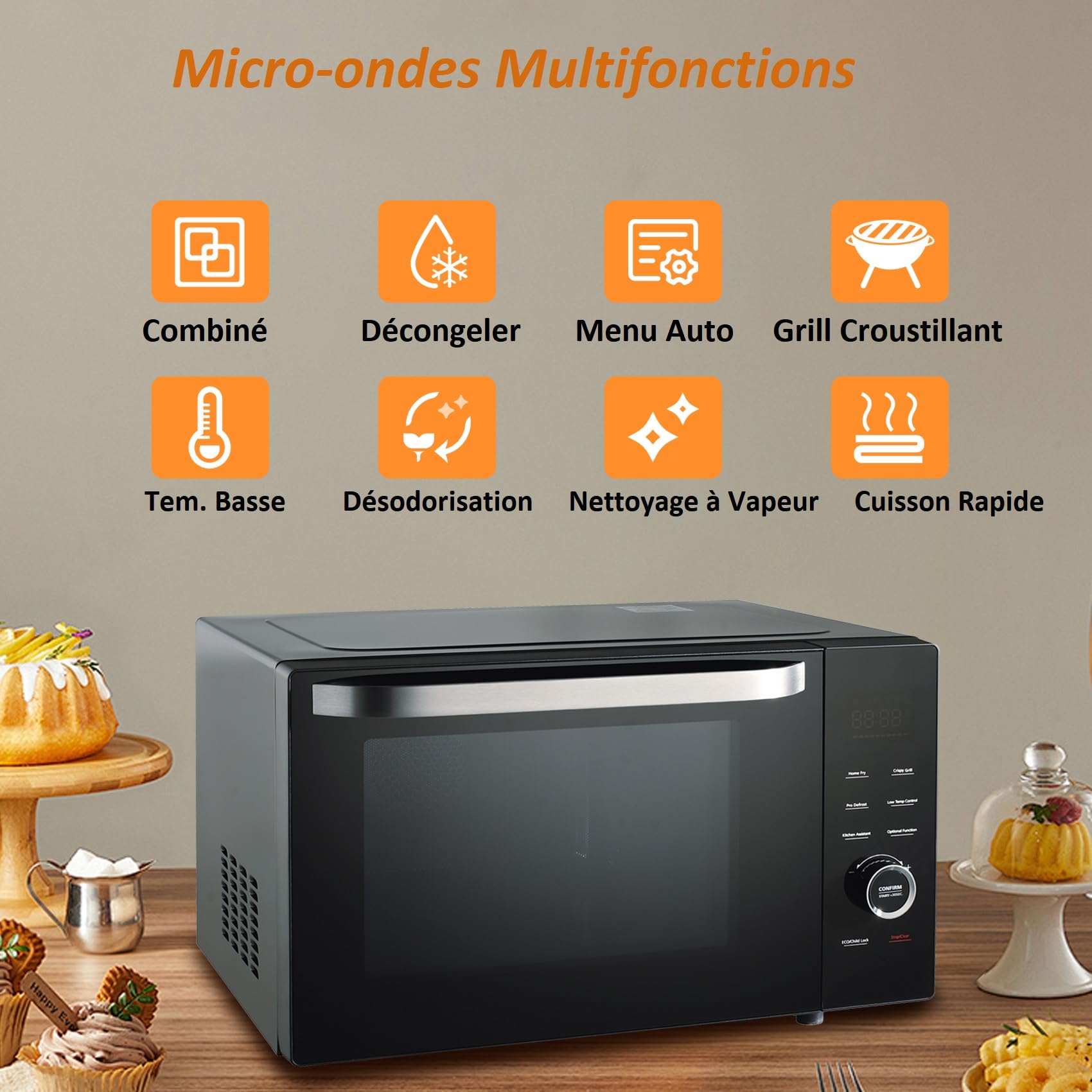Four Micro-ondes Combiné, 34L, Micro-ondes Multifonctions 4 en 1, Micro-ondes1000W/Grill/Convection/à Air Chaud, 10 Menus Automatiques, Mode ECO, Plateau Tournant 315mm, Noir