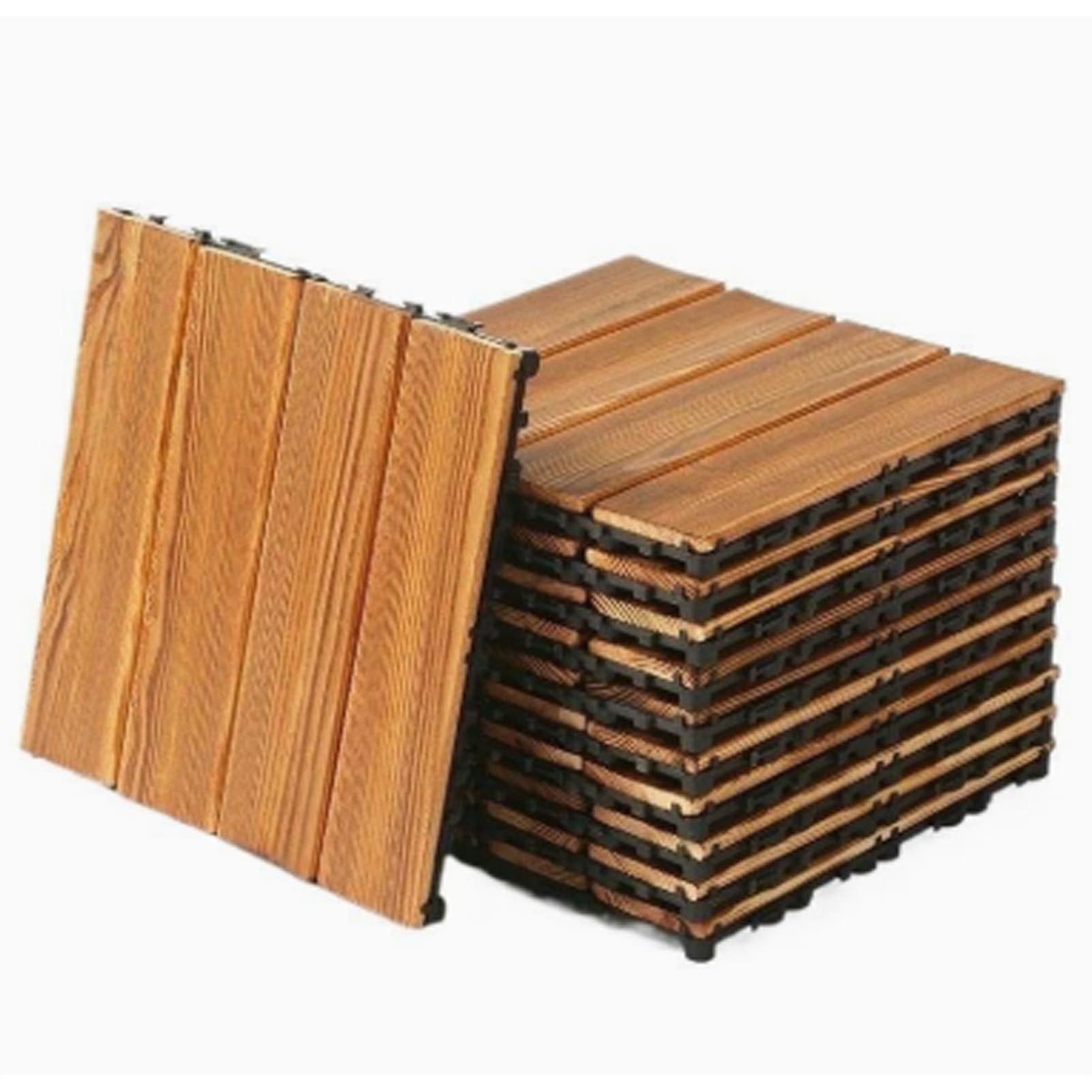 Piastrelle per pavimentazione in legno di acacia con base in PE 4-Slat-9pc | 30x30 cm – Pavimentazione a incastro per esterni; antiscivolo, resistente agli agenti atmosferici e facile da installare