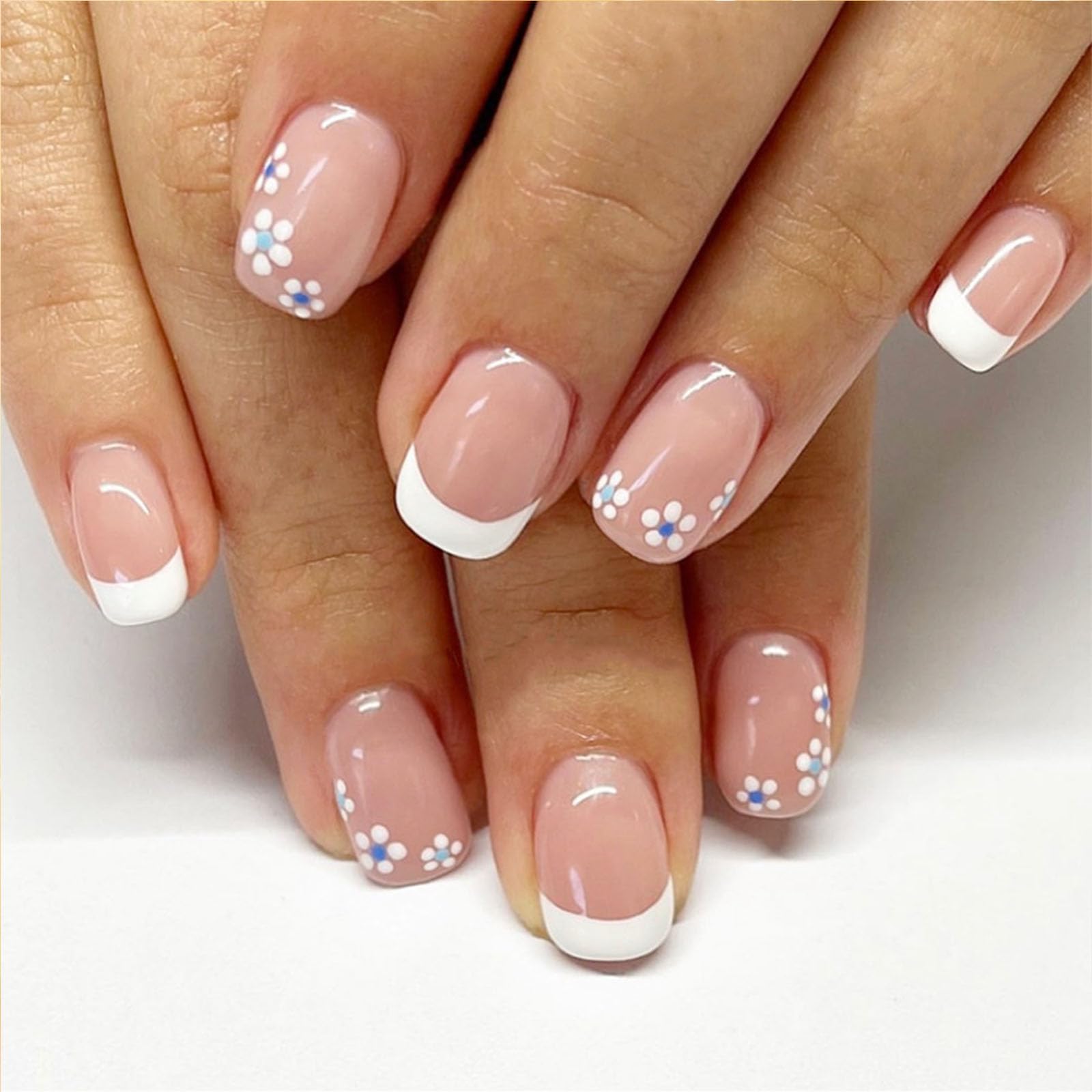 BDNANYAGE Press on Nails Short Square Plastic False Nails 24 Pcs White French Tips Flower Pattern Glossy Finish