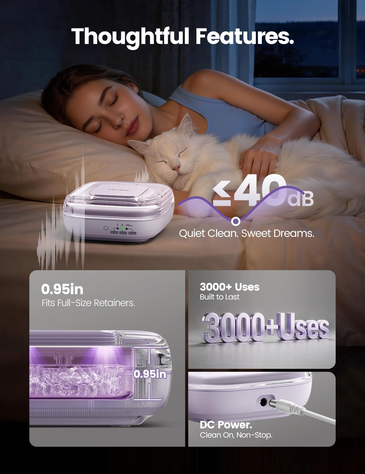 VAYDEER Limpiador Ultrasónico 48 kHz con 3 Modos, Morado | Limpieza ultrasónica portátil para férulas, retenedores, prótesis y joyas con temporizador digital