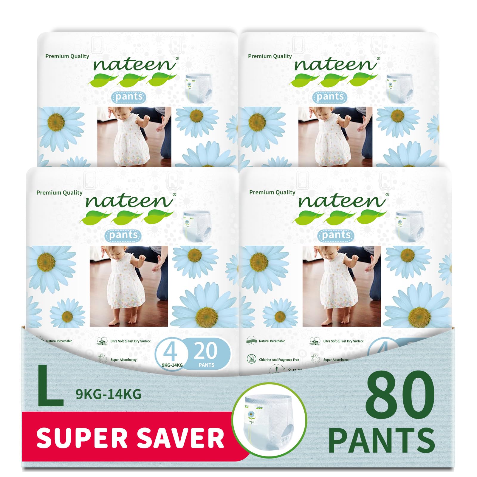 Premium Care Baby Pants Diapers,Size 4(9-14kg) Baby Diaper Pants,Large,80 count Pants,Super Absorbent Baby Pull Ups,3D Double Leak Guard,Ultra Thin Baby Diapers Pants.
