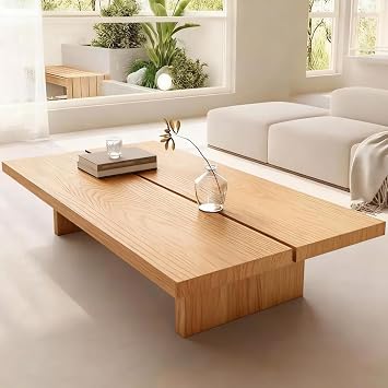 Solid Wood Coffee Table, Large Rustic Rectangle Center Table, 2" Thick Tabletop, Farmhouse Coffee Tables for Living Room, Office Light Natural Wood Color 66.9"x31.5"x 17.7"