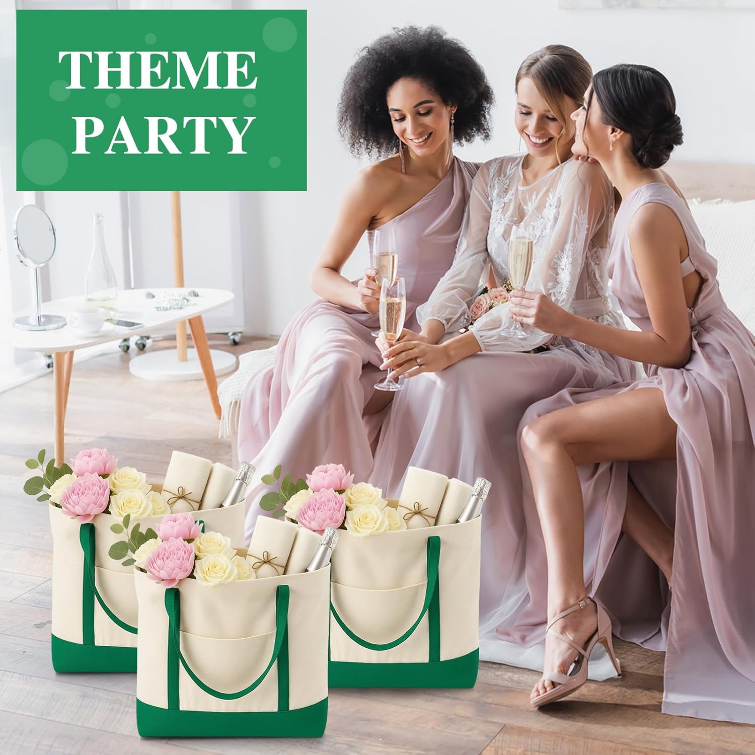 8 Pcs Large Canvas Tote Bags Bulk with Top Zipper Closure, Reusable Grocery Shopping Bags, Bachelorette Party DIY Gifts (Green) - Image 6