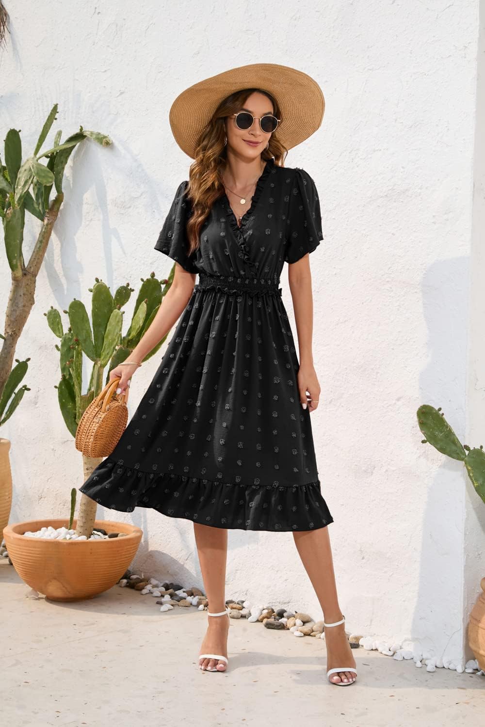 Womens Short Sleeve Wrap V Neck Flowy Midi Dress Summer Swiss Dot Ruffle Vacation Sundress - Image 2