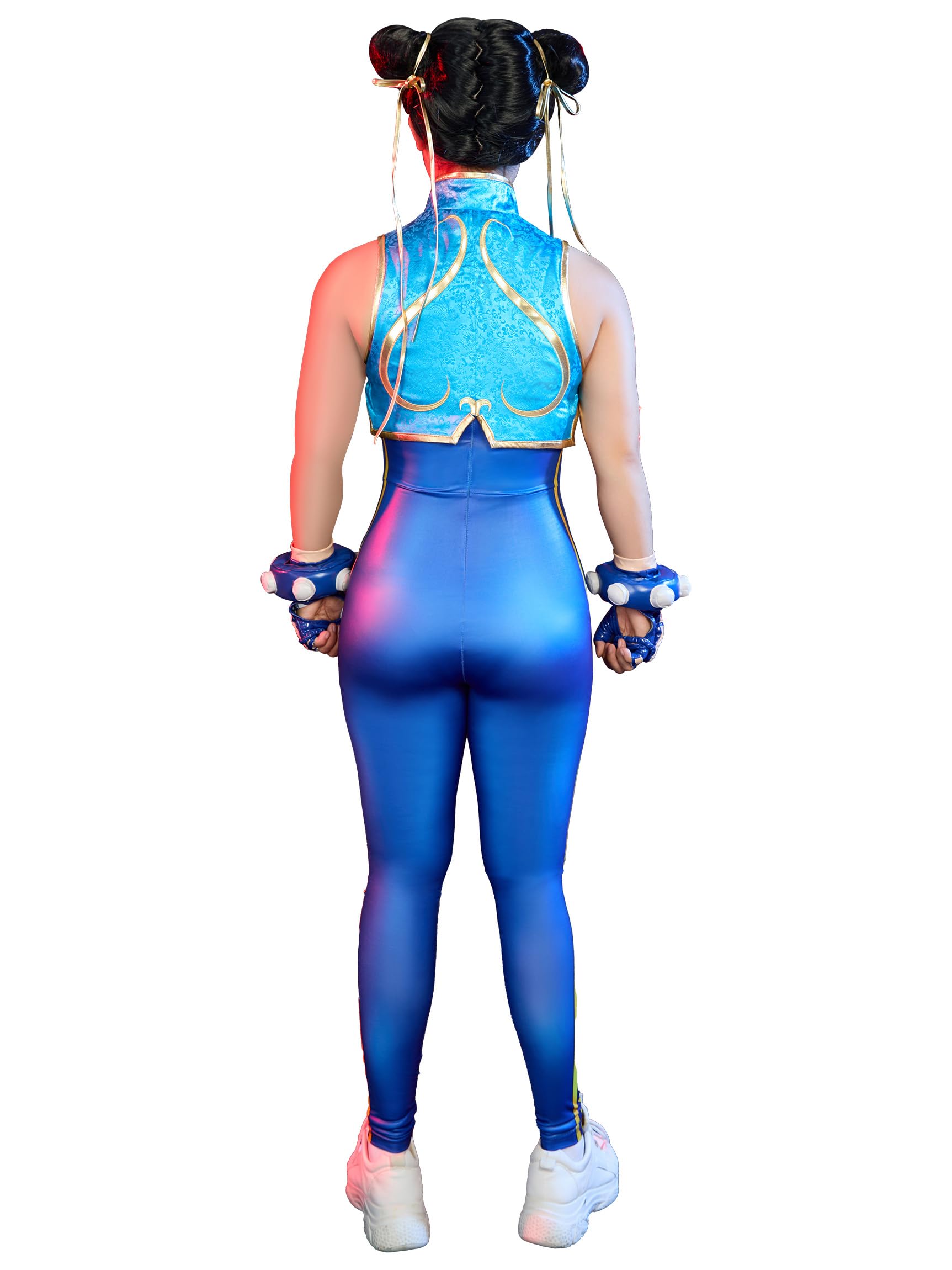 Micotaku Street Fighter Officially Licensed Women's Classic Chun-Li Nostalgia Cosplay Costume Jumpsuit Golden Embroidery Satin Top