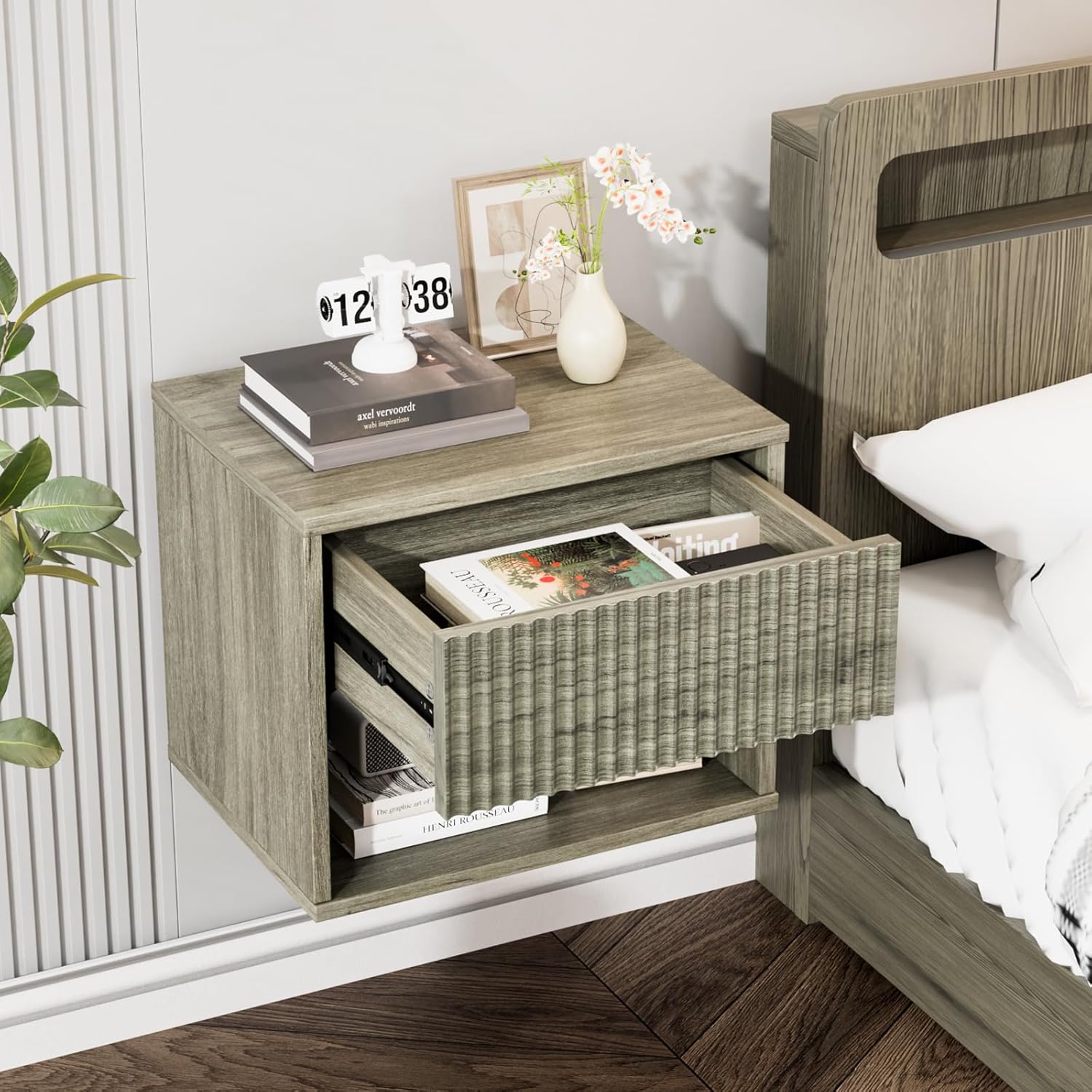 VINGLI Floating Nightstand Gray Fluted Night Stand 1 Drawer Bed Side Table, Storage Nightstand with Drawers, Wood Night Stand End Table for Bedroom, 15.75" W x 11.81" D x 12.83" H