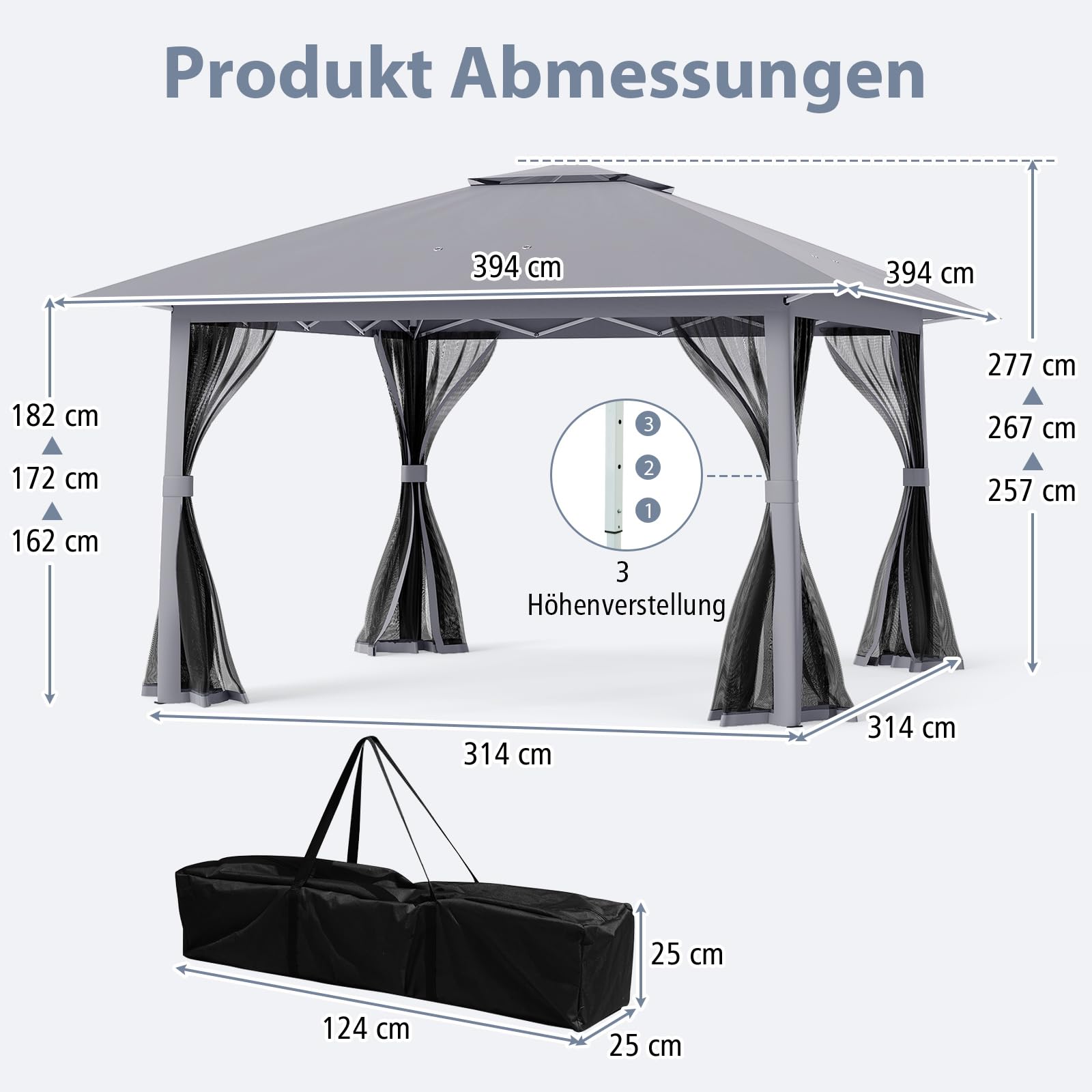 COSTWAY Pavillon 4x4 m, Pop Up Faltpavillon mit 4 Moskitonetz & Doppeldach & Metallrahmen, Wasserdicht & Stabil & Winterfest, Gartenpavillon inkl. Tragetasche, Partyzelt für Terrasse Garten, Grau