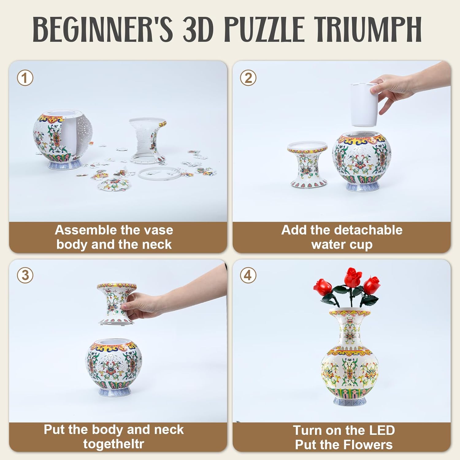 3D Puzzle Vase, 160 Curved Pieces DIY Flower Vase Craft Kit & 3D Puzzles for Adults, Creative Jigsaw Art Project Home Décor Centerpiece, (C-Ivory White)