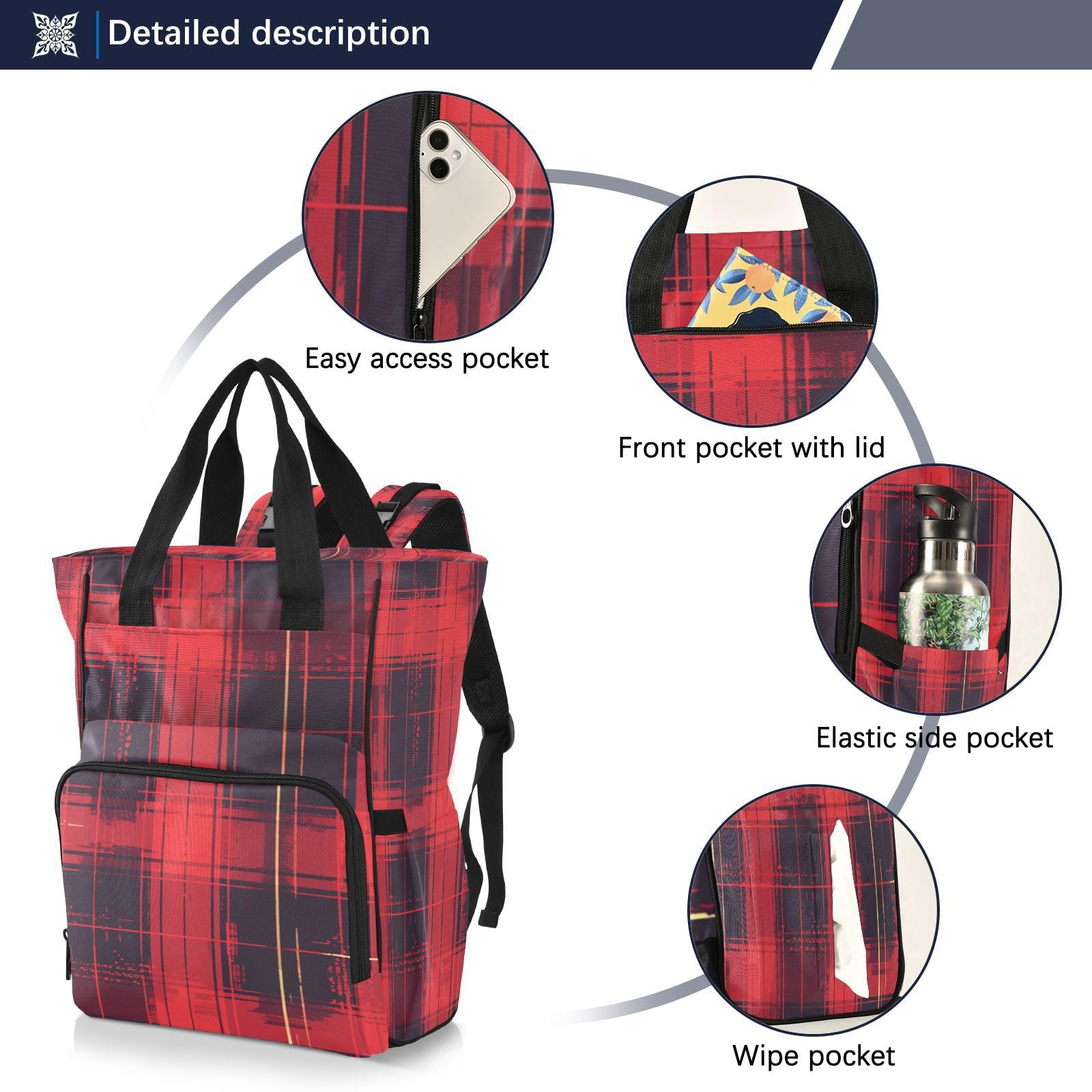 Rojo Negro Plaid Vintage Bolsa de Pañales Mochila de Viaje Gran Capacidad Bolsas para Mamá Papá Mujeres Niñas