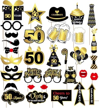 34 Pcs Black and Gold Photo Booth Props for 50th Birthday Party Decoration