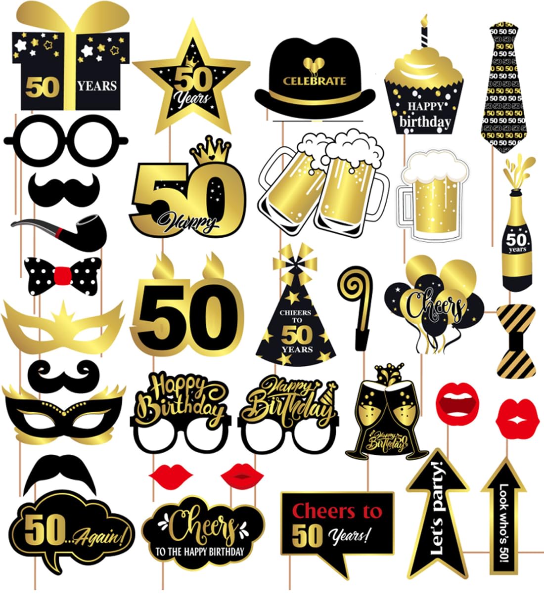 38 Pcs Black and Gold Photo Booth Props for 50th Birthday Party Decoration