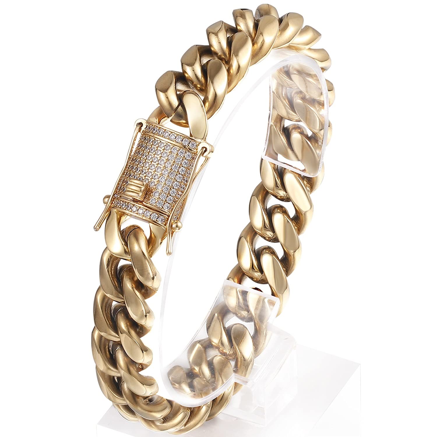 PY BLINGHeavy Stainless Steel Miami Cuban Link Bracelet 8mm-16mm 14k Real Gold Plated with Lab Diamond Clasp Premium Hip Hop Jewelry For Men Women with Gift Box