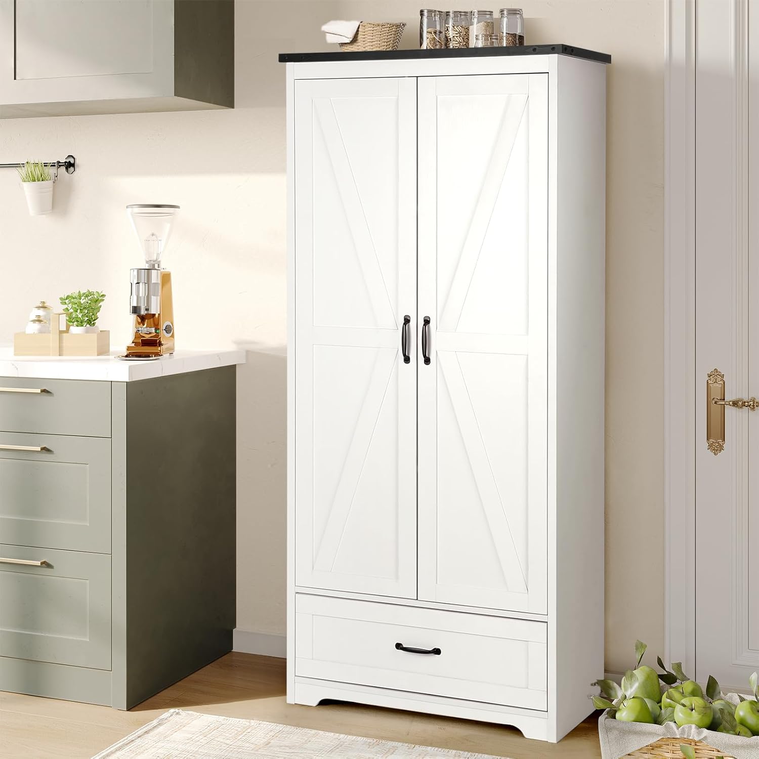VOWNER 71" Tall Kitchen Pantry with Adjustable Shelves, Large Wood Storage Cabinet with Drawer & 2 Barn Doors, Versatile Modern Farmhouse Storage Cabinet for Kitchen, Dining Room, Living Room, White