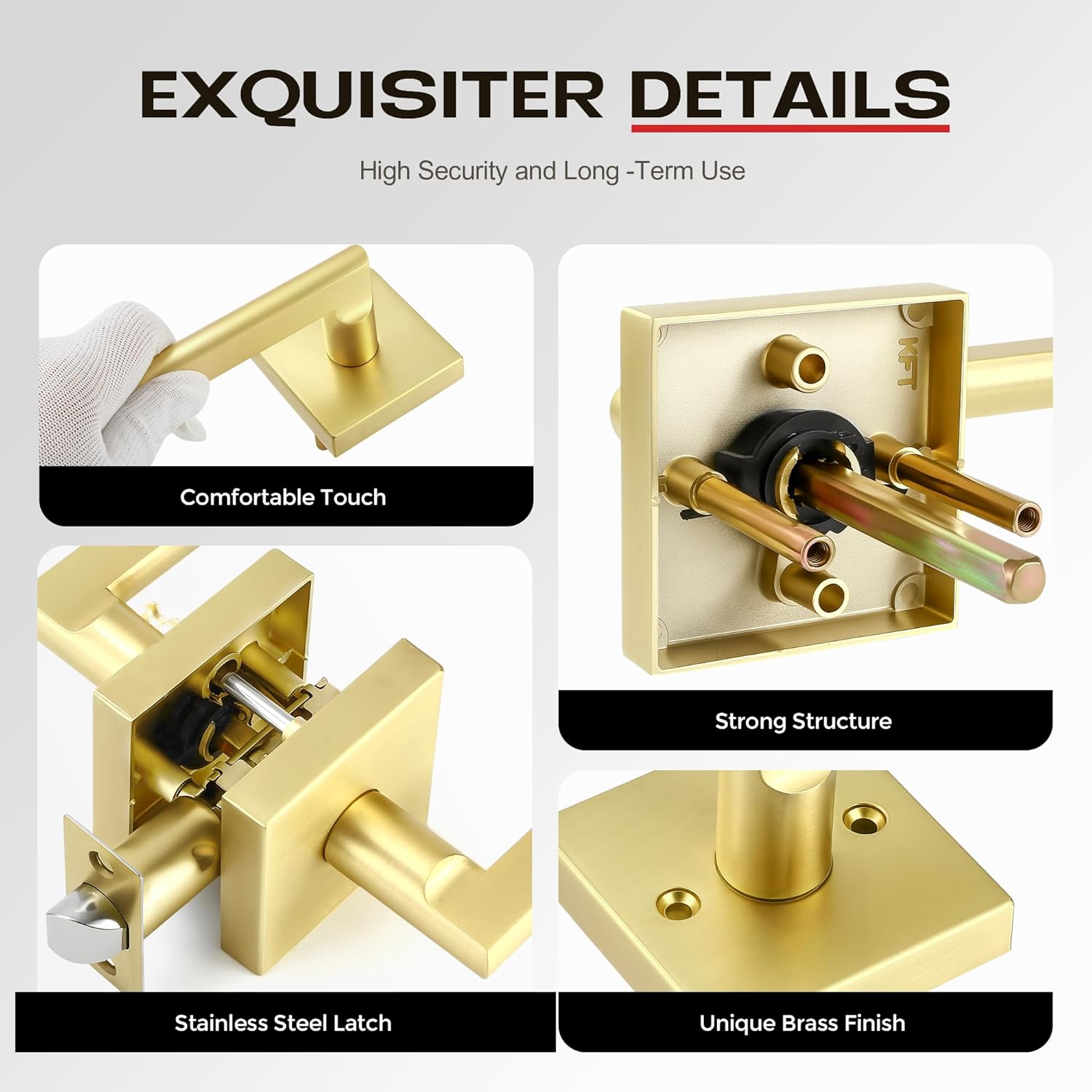 4 Pack Passage Door Knob Set Interior Door Handle, Closet Gold Door Handles in Satin Brass Finish, Hallway/Closet Door Lever Set Indoor Door Handle Set for Right/Left Handed Doors