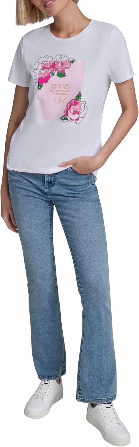Karl Lagerfeld Women's Short Sleeve Crew Neck Floral Logo T-Shirt