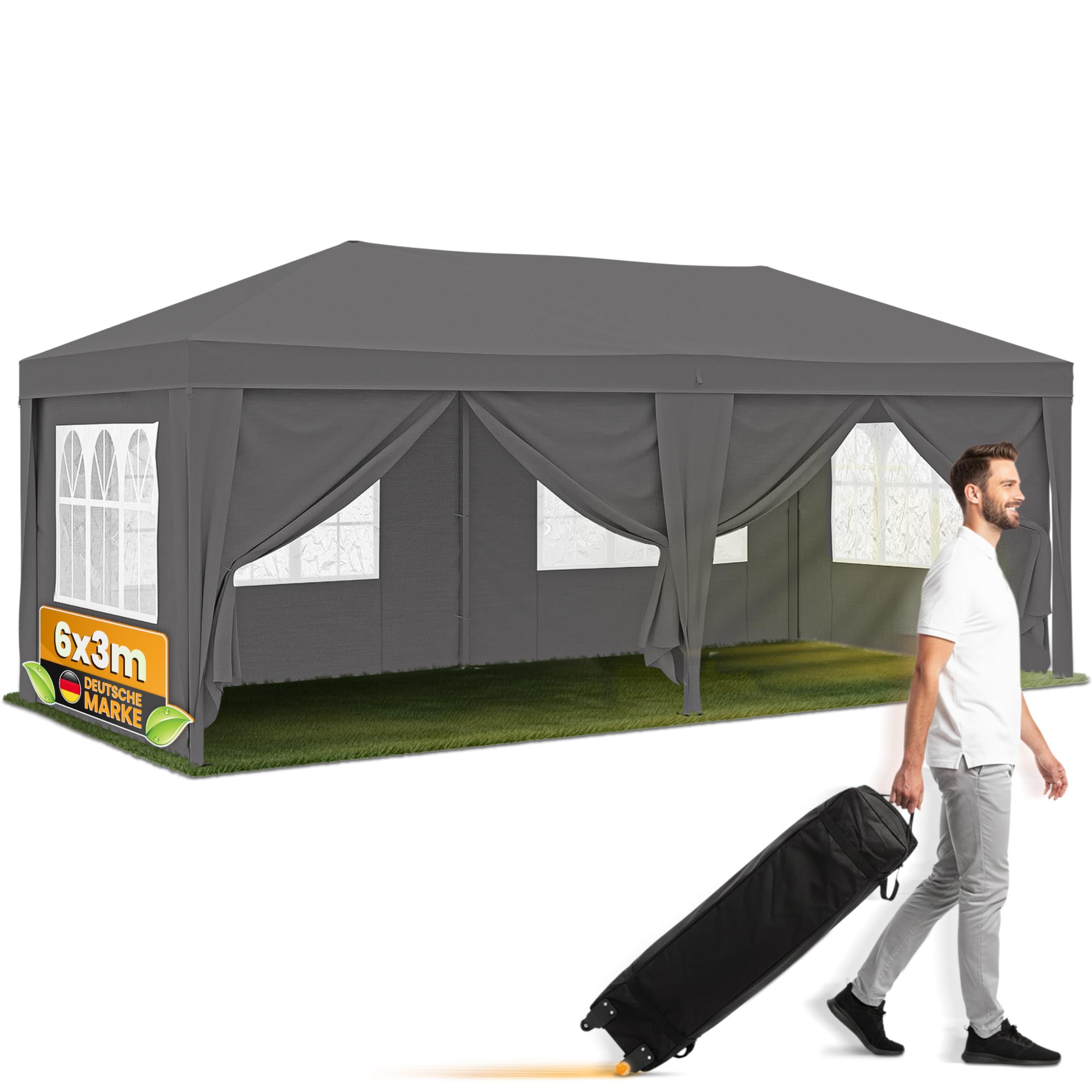 NATURIZ® Pavillon 3x6 Wasserdicht, Stabil und UV 50+ Schutz - Faltpavillon mit Seitenwänden hochwertig- Pop Up Zelt für Garten, Camping, Märkte - Partyzelt, Gartenpavillon, Gartenzelt (Grau, 3x6m)