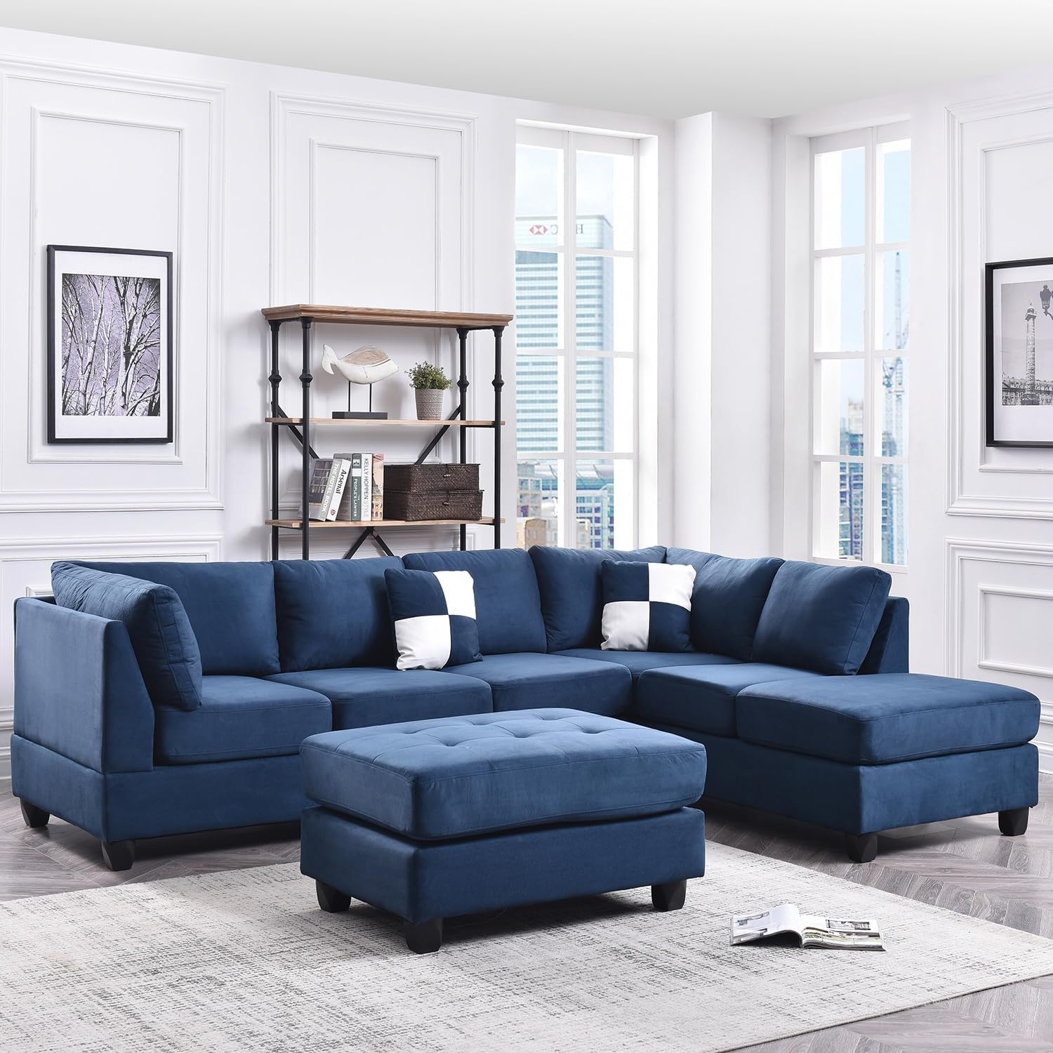 Modern Style L-Shape 3 Seat Microfiber Fabric Sectional Sofa (Without Ottoman),Navy Blue
