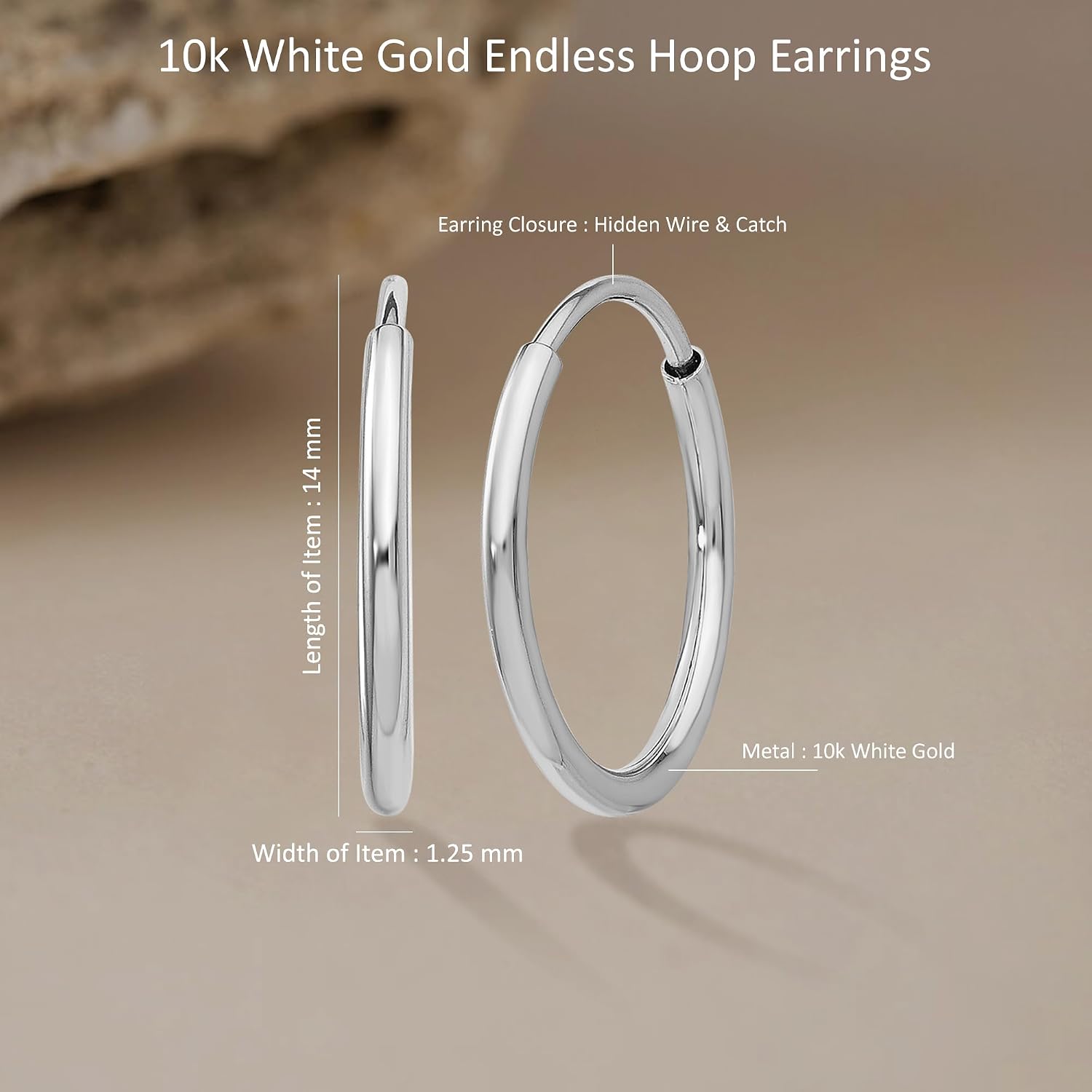 Diamond2Deal 10k White Gold 1.2mm Endless Hoop Earrings (L- 0.55 in, W- 0.55 in)