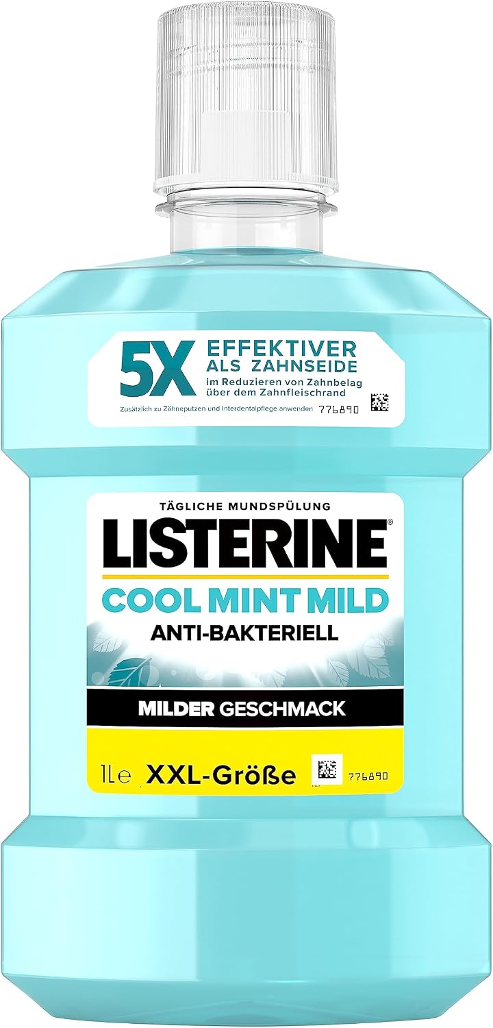 LISTERINE Cool Mint Mild (1000 ml), antybakteryjny płyn do płukania jamy ustnej bez alkoholu o łagodnym smaku, zapewnia długotrwałe uczucie świeżości