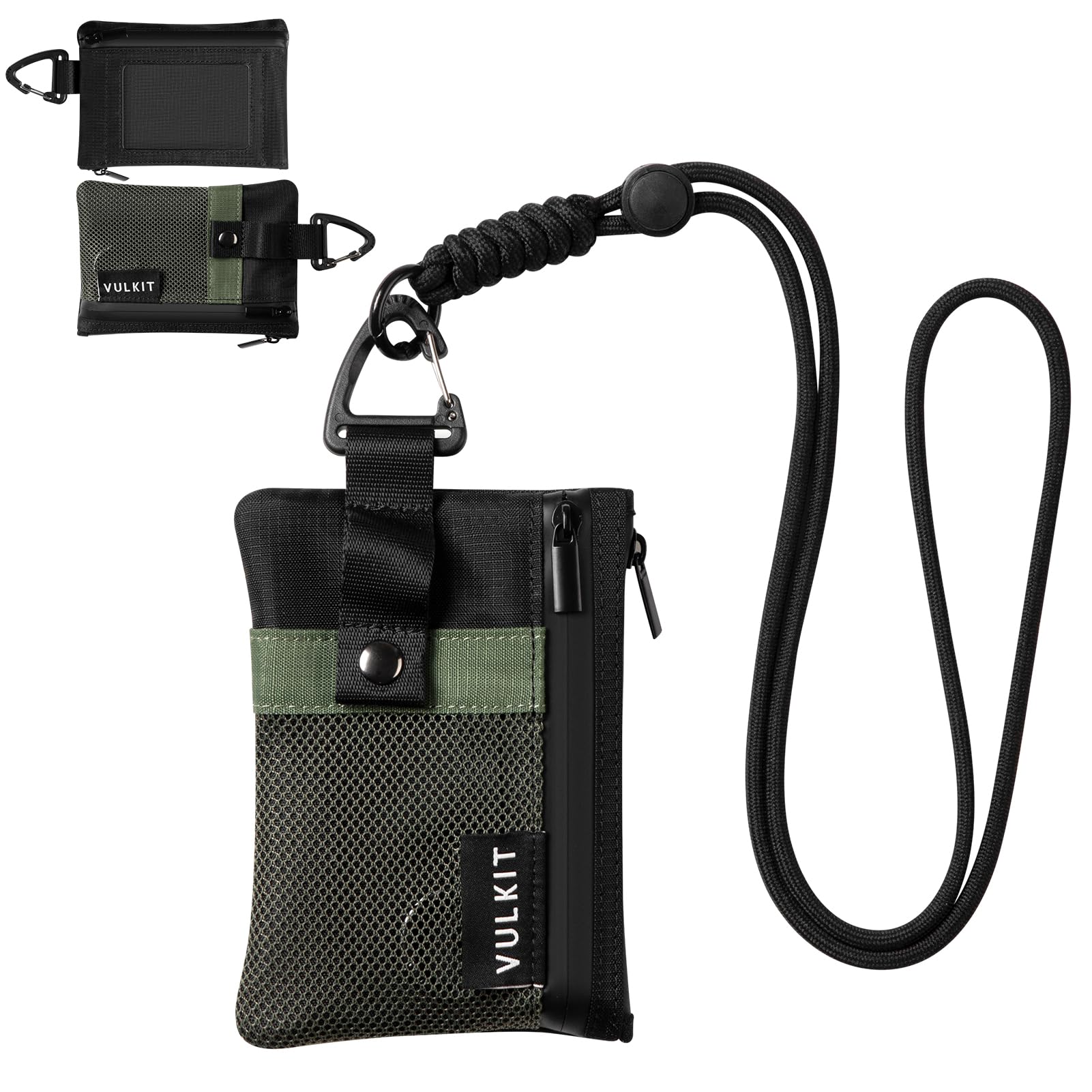 VULKIT Small Minimalist Wallet for Women and Men RFID Blocking, Zipper Coin Pouch with ID Window and Keychain, Water Resistant Travel Lanyard Wallet, Army-green-black, Small, Minimalist