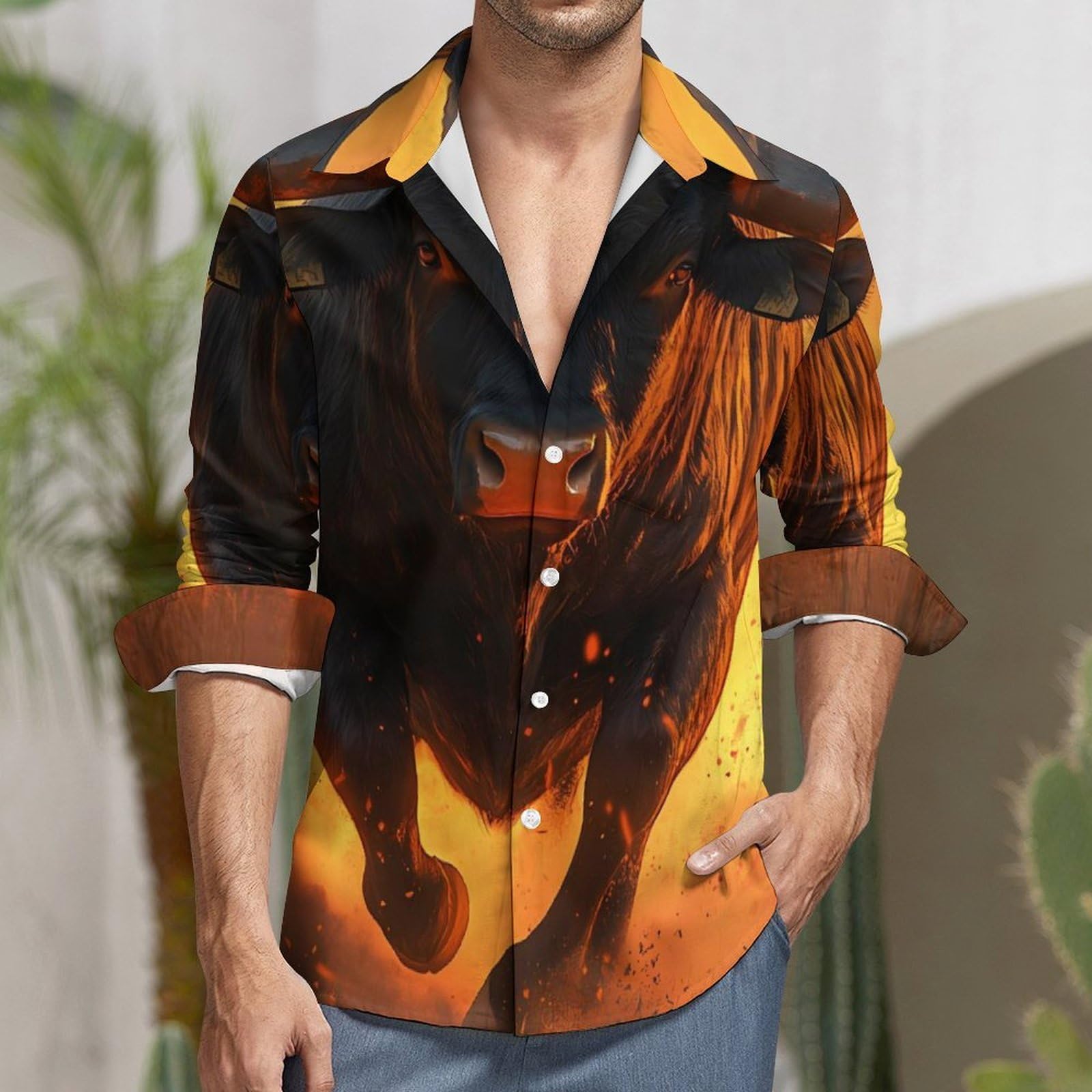 Angry Running Bull Sunset - Camicia casual da uomo a maniche lunghe con bottoni e tasca | T-shirt Top Scollo a V Poliestere