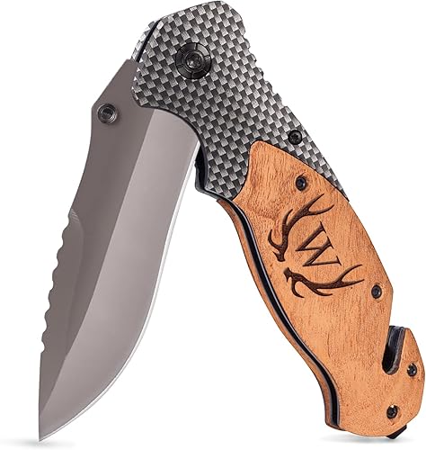 Fodiyaer Cuchillo personalizado para hombres  Cuchillo de bolsillo grabado personalizado  Idea de aniversario de madera para marido  Idea de Navidad