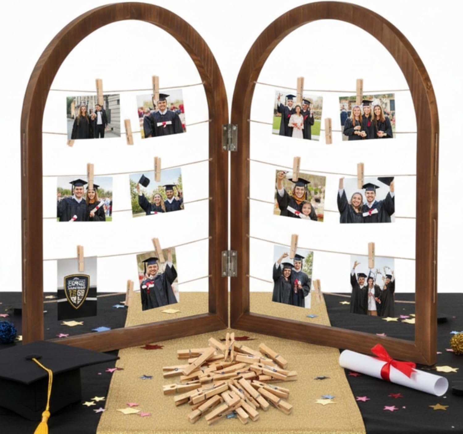 Briwooody 2 Panel 24 x 18 Inch Photo Display Rack with Clips Wooden Arched Picture Collage Frames Board for Farmhouse Wedding Postcard Greeting Card Organizer Holder Home Dorm(Black Walnut)