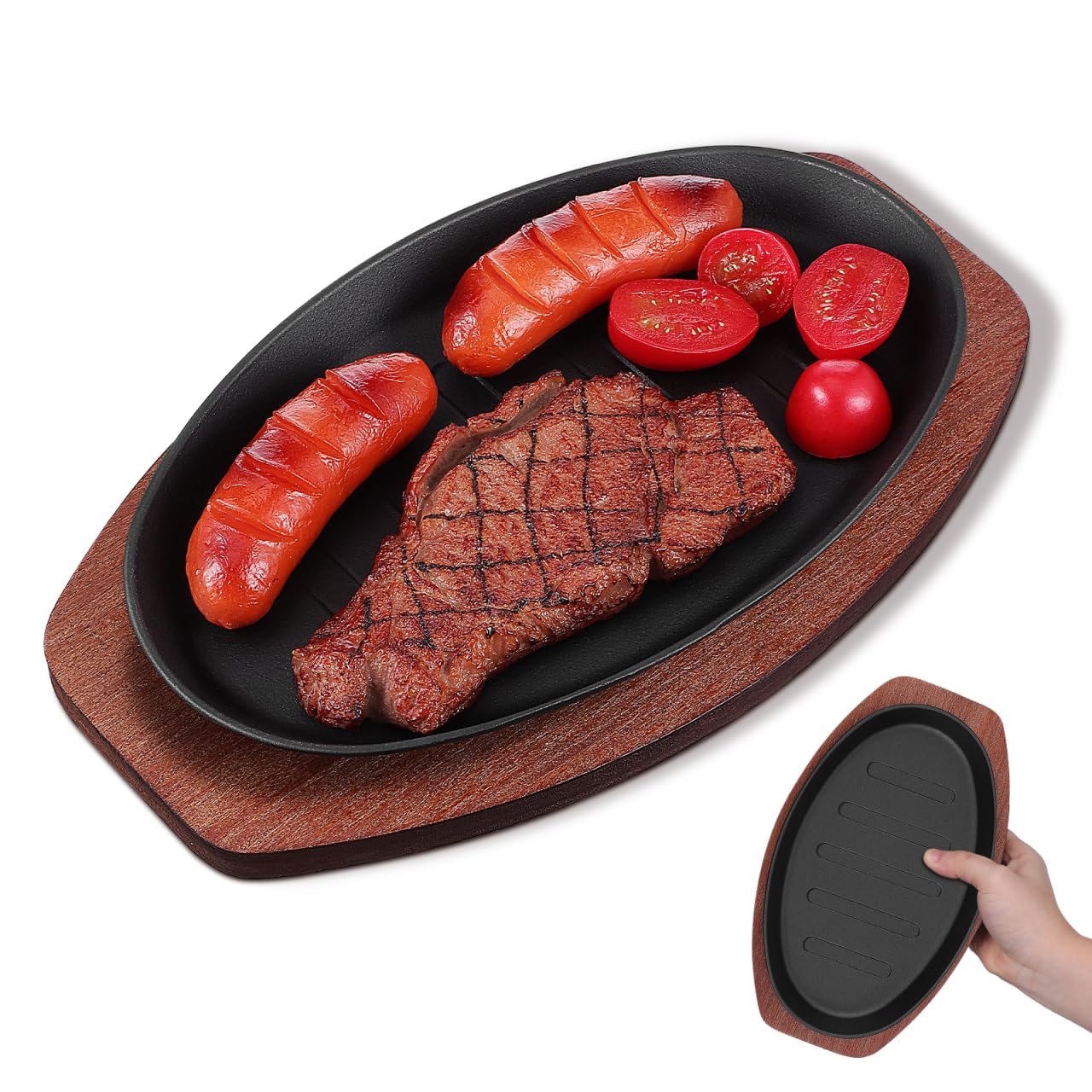 Toyvian Sartén Parrilla de Hierro Fundido con Base de Madera Placa para Asar Carne y Pescado Plancha Teppanyaki para Hogar y Cocina