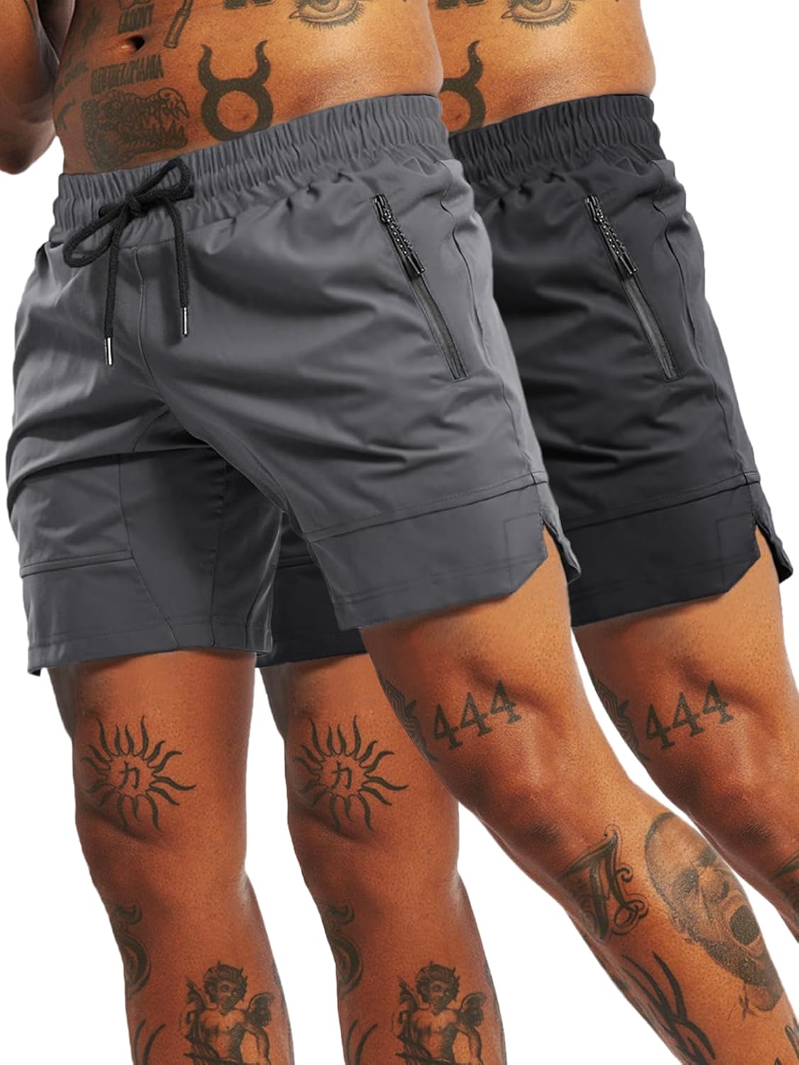 FLYFIREFLY Men's 2 Pack Gym Workout Shorts Quick Dry Athletic Shorts Lightweight Running Shorts with Pockets Black+darkgrey Medium