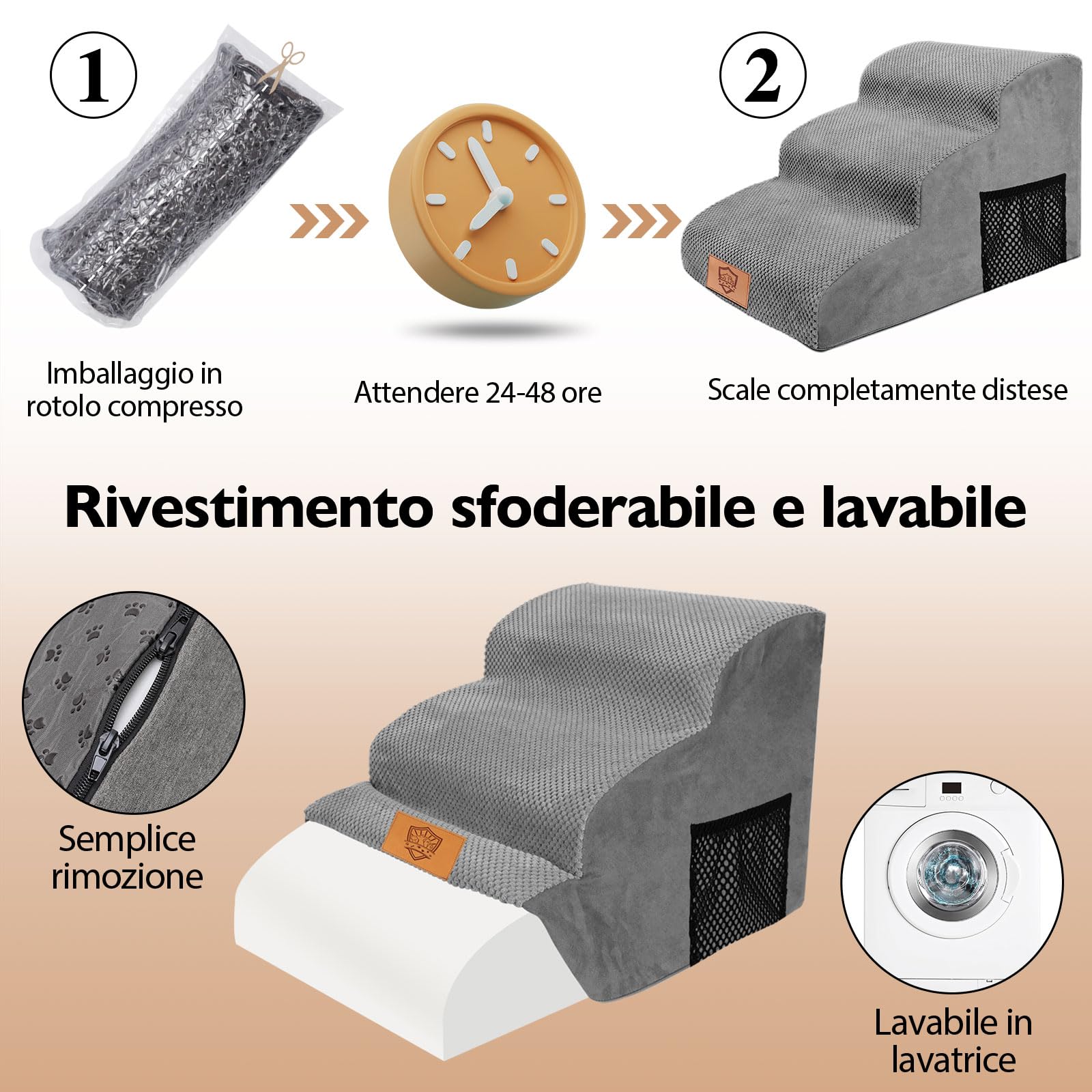 MASTERTOP Scale per Cani 3 Gradini, Scalini Antiscivolo per Gatti e Cani per Divano e Letto, Scaletta Schiuma Alta Densità, Copertura Impermeabile Lavabile (Grigio)