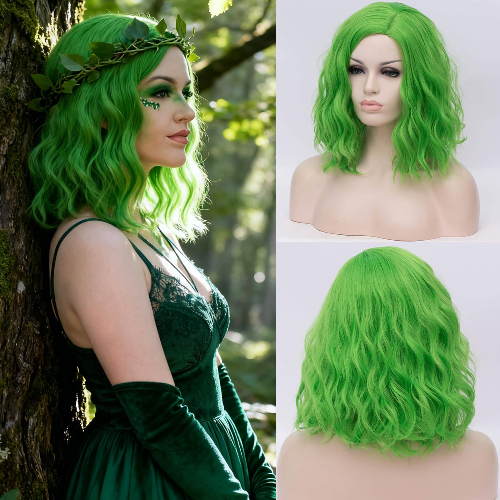 BUFASHION 14" Women Short Green Wavy Curly Bob Wig Heat Resistant Synthetic Wig Halloween Cosplay Daily Party Wigs Include Wig Cap (Green)