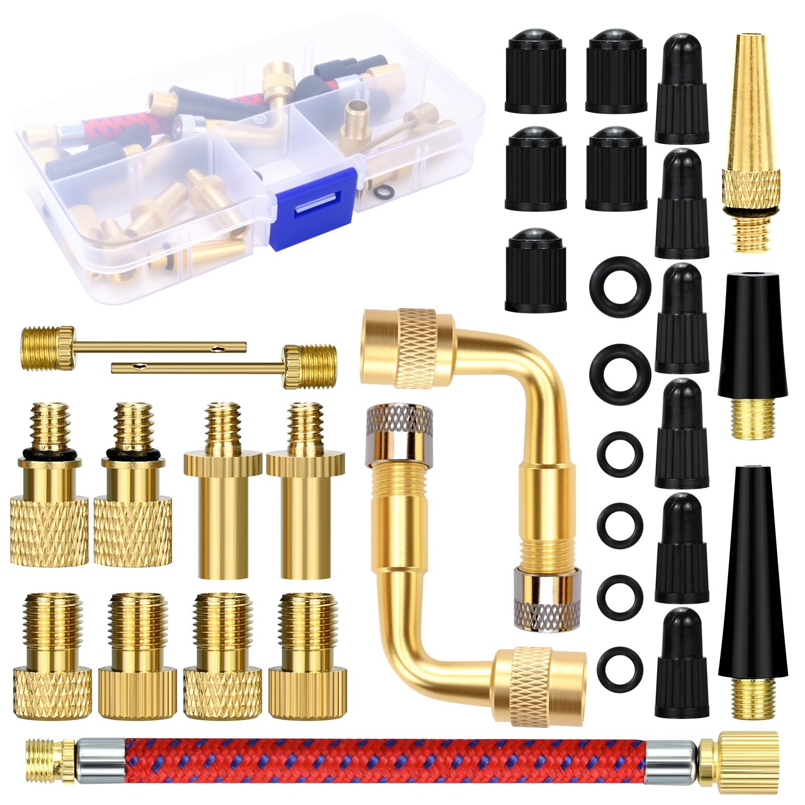 Zestaw adapterów do wentylu rowerowego, 32 sztuki, adapter do wentylu francuskiego, adapter do wentylu samochodowego, adapter do wentylu sprężarki, zestaw naprawczy do roweru, pompki