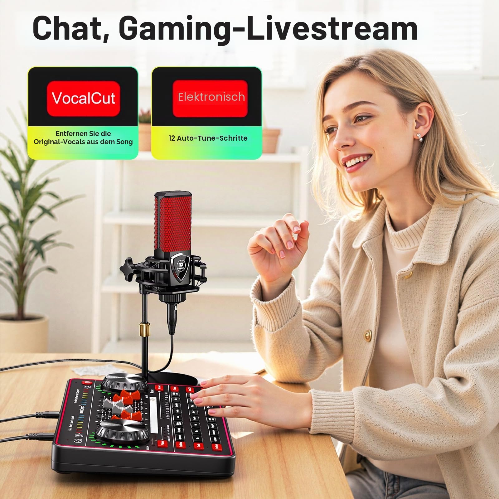 TENLAMP G3 Podcast-Equipment, Audio-Interface mit Soundeffekten, 3,5mm Kondensatormikrofon-Set, Tischstativ, Stimmenverzerrer, Rauschunterdrückung, für PC, Handy, Gaming, Gesang, Live-Streaming