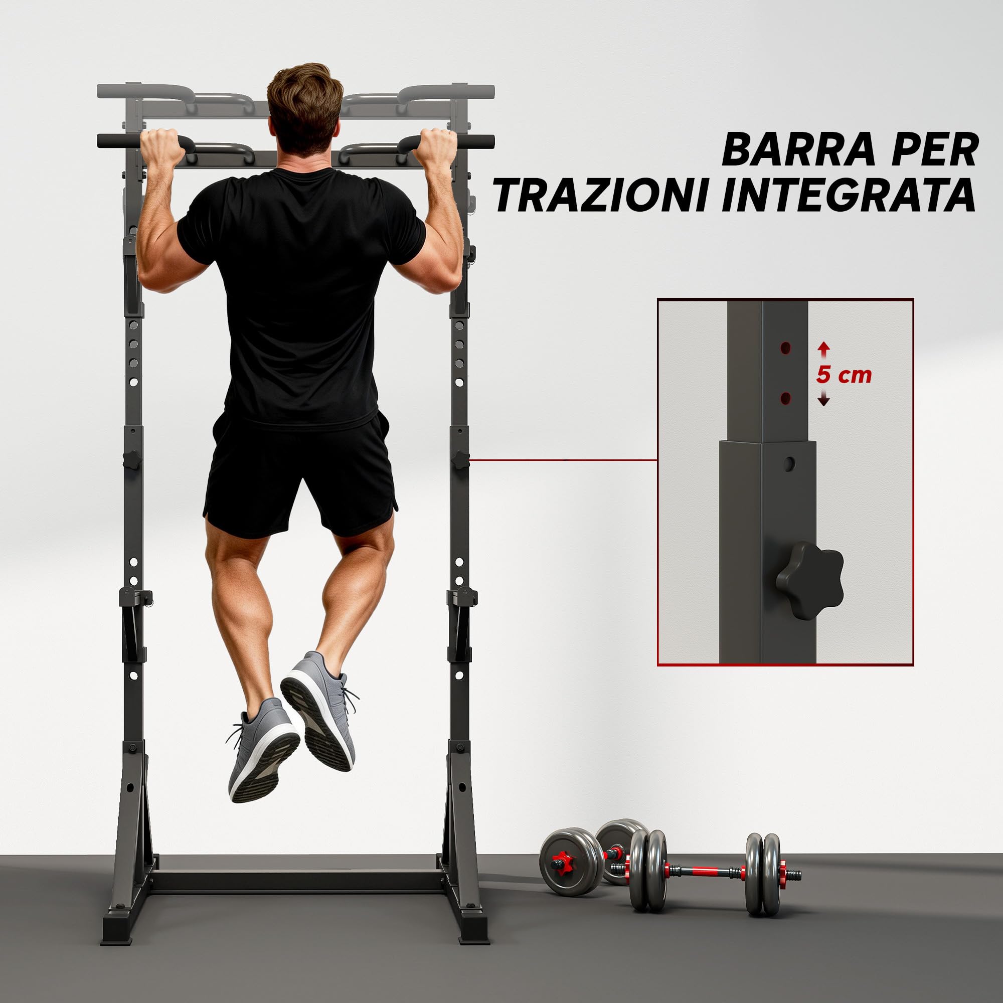 SPORTNOW Power Tower con Altezza Regolabile, Doppio Supporto Bilanciere, Rack Palestra con Pull Up Bar e Portadischi, Rack Bilanciere Multifunzione Allenamento per Palestra Casa Ufficio, Max 200 KG