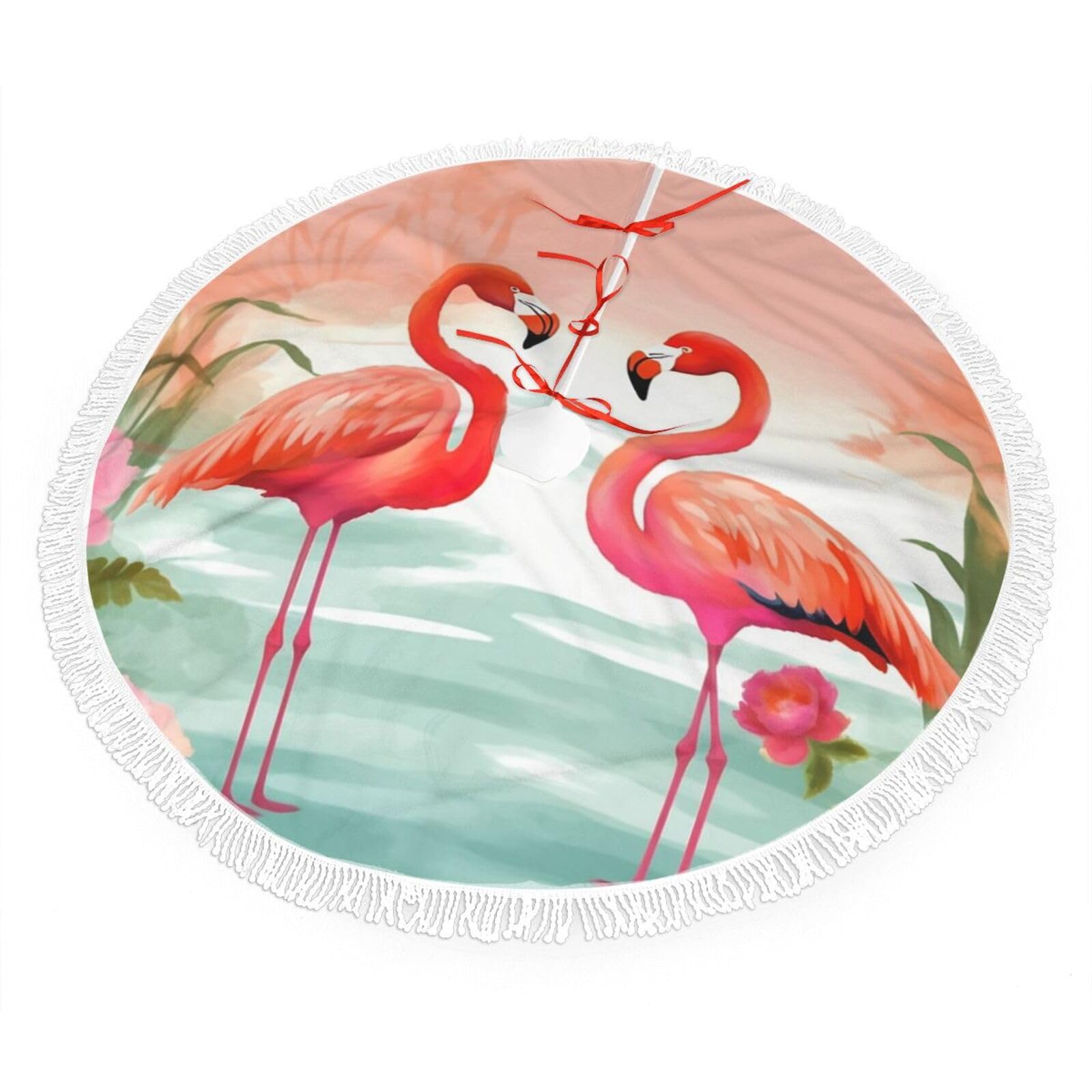 Two Red Flamingos Christmas Tree Skirt 48", Soft Plush Xmas Tree Carpet with Tassel Christmas Ornaments Winter Holiday Tree Mat Decoration for Home Party Supplies