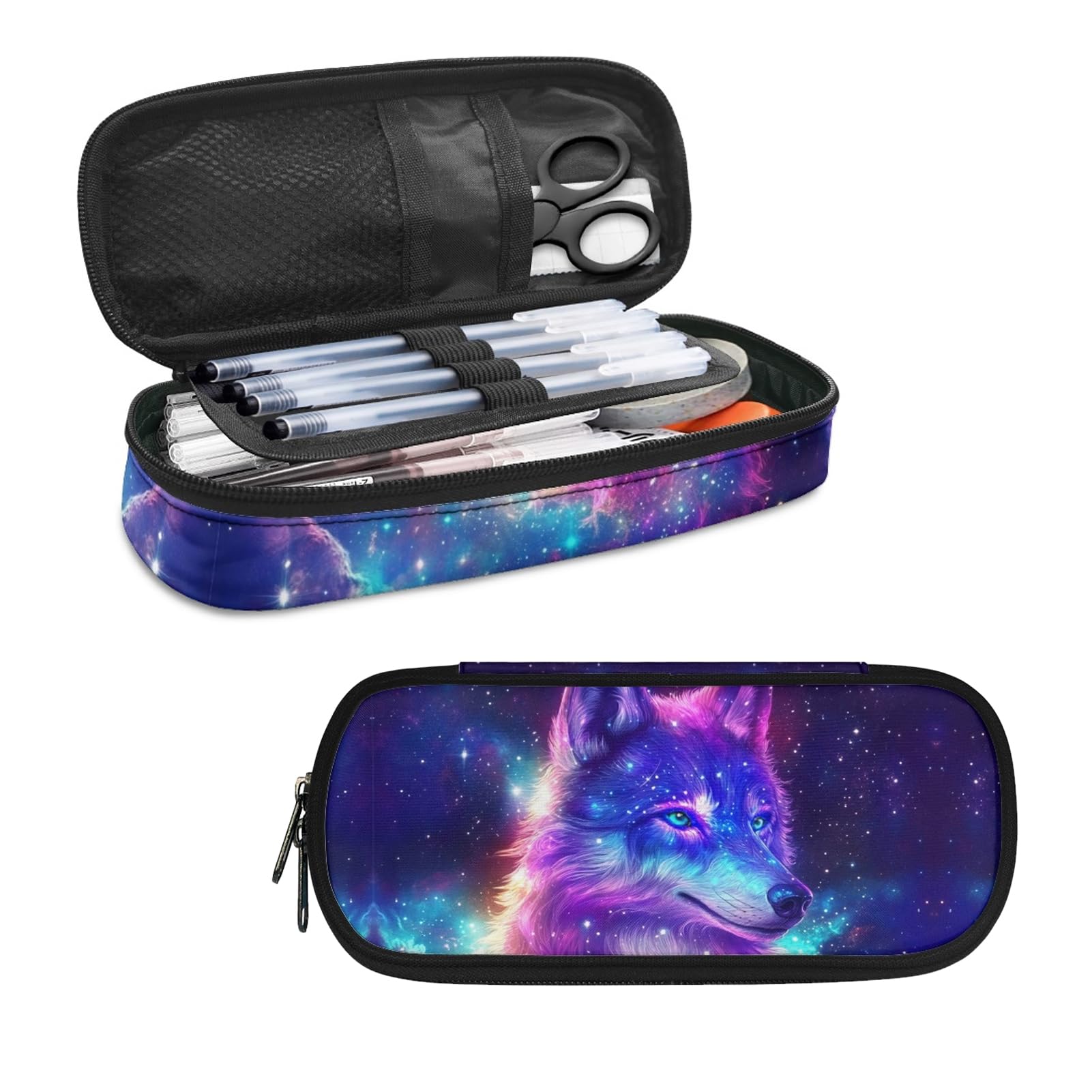 HELLHERO Galaxy Wolf Pencil Cases for Kids Girls Boys Pencil Bag Sturdy Pen Holder Box Stationery Pouch for Women Men School Office Graduation
