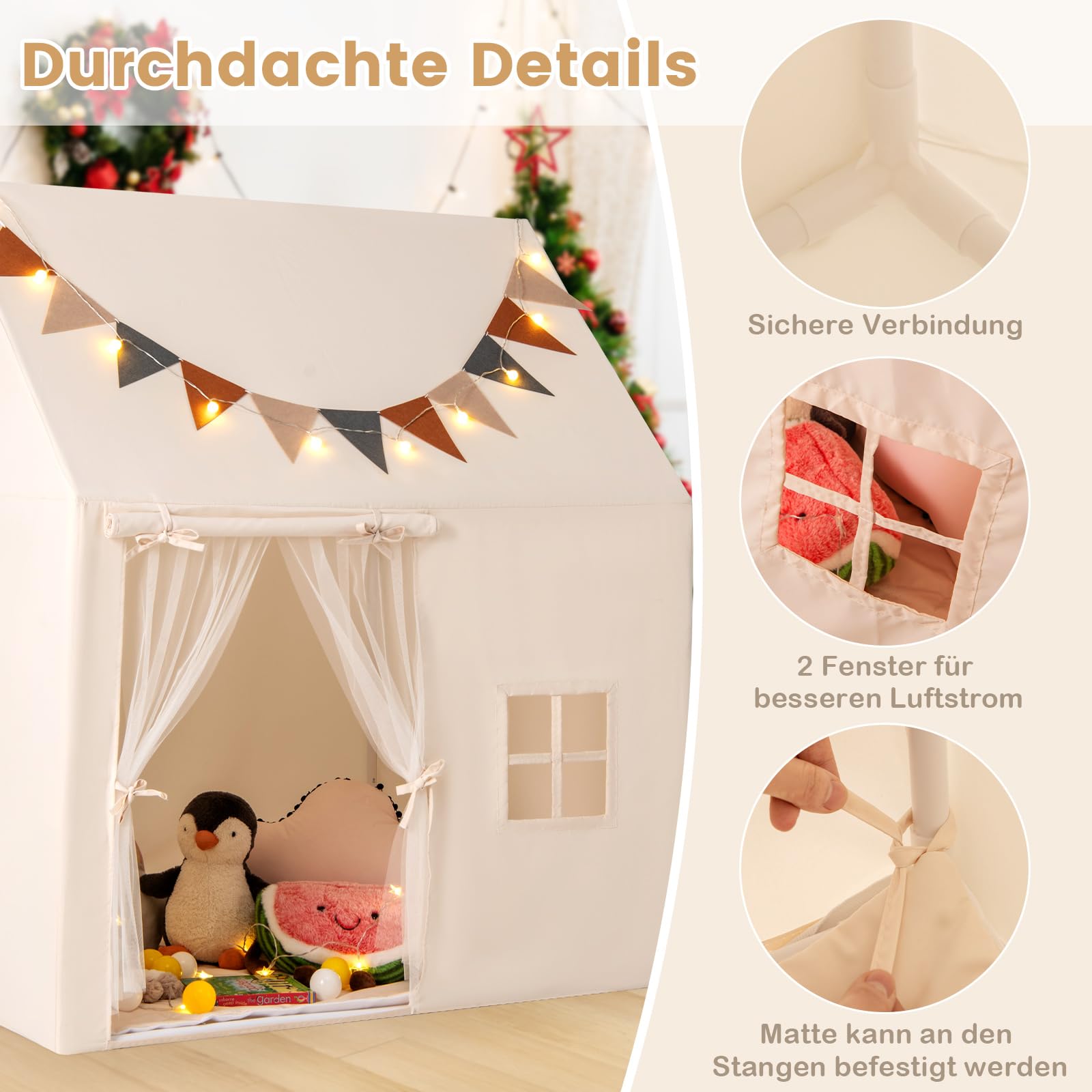 COSTWAY Kinderzelt für Drinnen, Spielhaus Kinder Indoor mit rutschfeste Matte & Lichterketten & Flaggen, Spielzelt Kinderzimmer Zelt für Kinder ab 3 Jahren