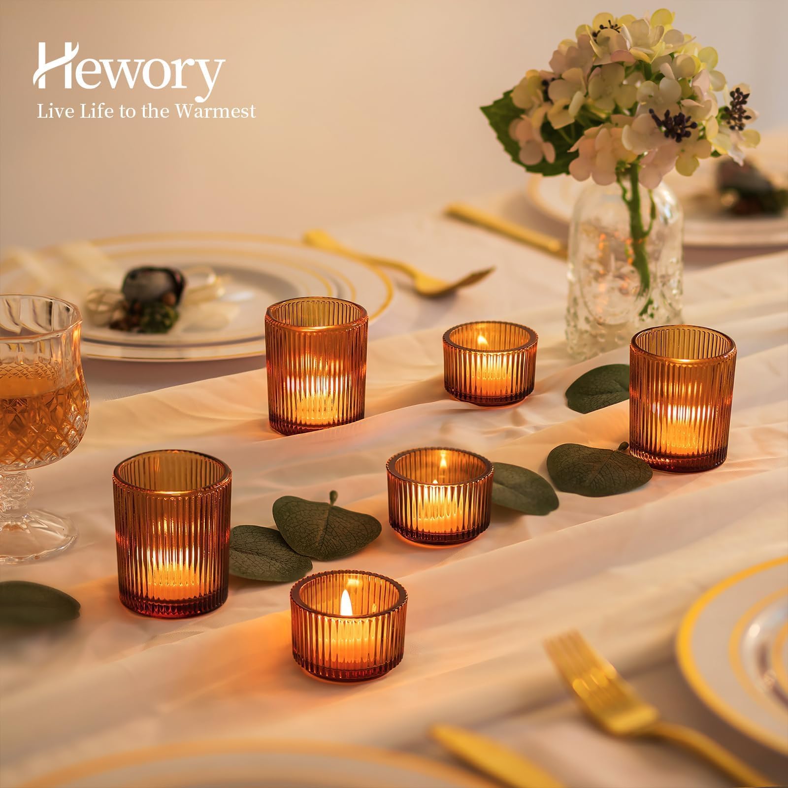 Hewory Lot de 24 photophores en verre ambré pour bougies chauffe-plat, décorations d'automne pour Thanksgiving, centre de table, fête de mariage, décoration d'intérieur