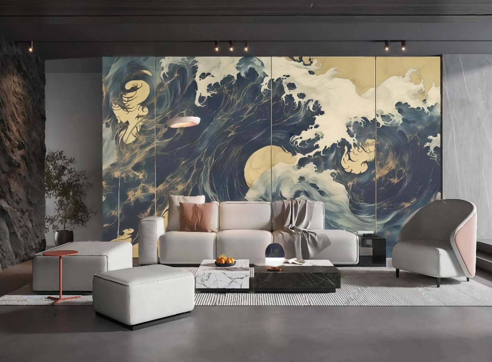 Papier Peint Rétro Vagues de Mer pour Salon et Mur de Fond de Canapé TV