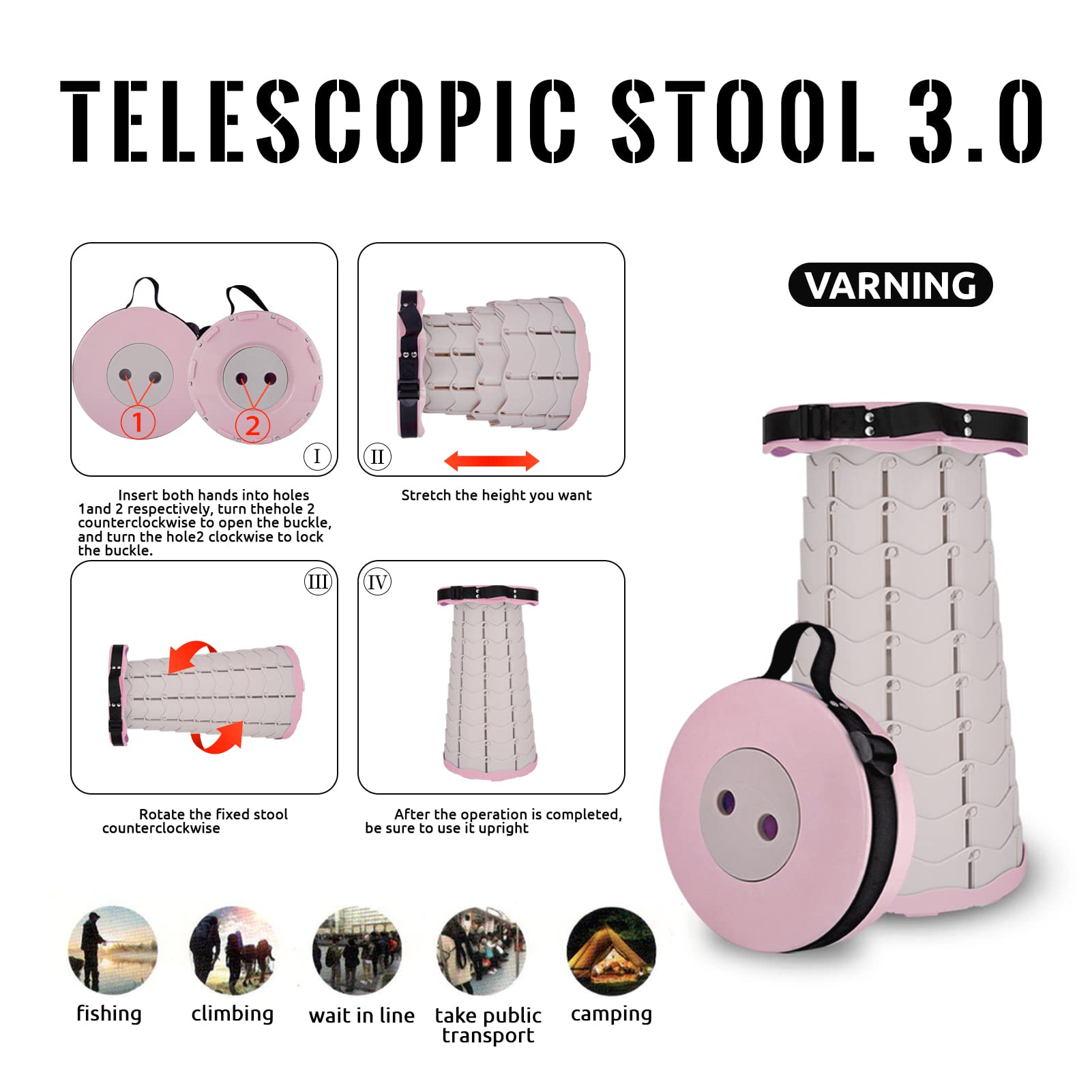 DOSUNO Sgabello Telescopico Portatile, Sgabello Pieghevole Sgabello Leggero da Campeggio, Sgabello da Campeggio Regolabile 420lbs Sgabello Retrattile per Campeggio all'aperto Barbecue Pesca,Rosa