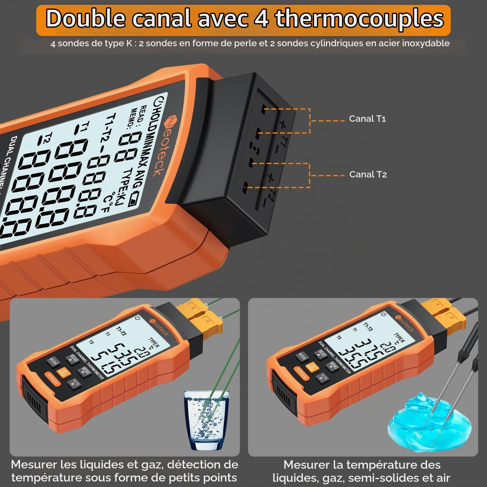 Neoteck Thermomètre Thermocouple Numérique Type K J 2 Canaux -50~1300℃ Haute Précision avec 4 Sondes et Stockage 99 Données, Écran LCD Rétroéclairé pour HVAC Industriel Laboratoire Four Réfrigérateur