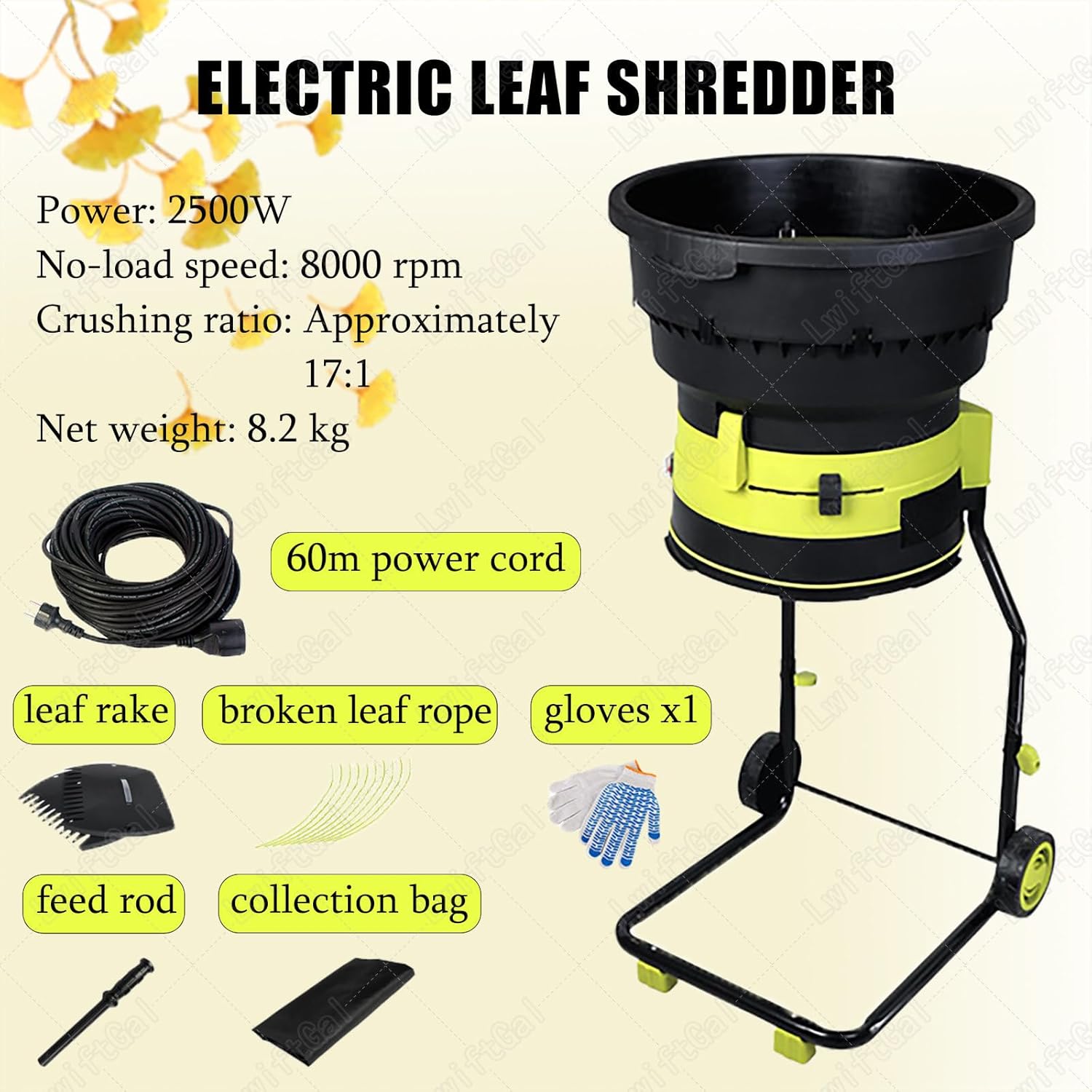 Electric Leaf Mulcher Shredder with Extra Power Cord, High RPM Chipper for Garden Cleanup, Composting Tool Includes Storage Bag 60mpowercord