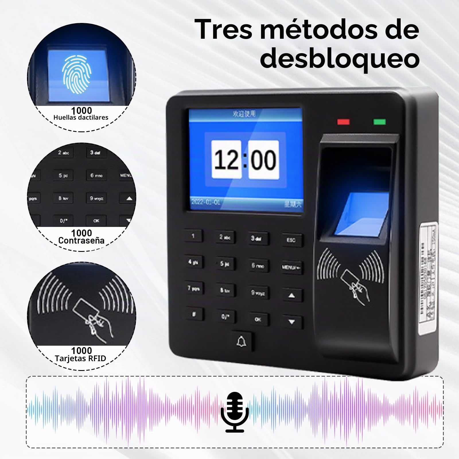 Control Horario Empleados para Pequeñas Empresas, Maquina Asistencia Empleados con Huella Dactilar, RFID y Pin, Equipado con 10 tarjetas RFID, Capacidad para 1000 Huellas Dactilares, 25 Idiomas