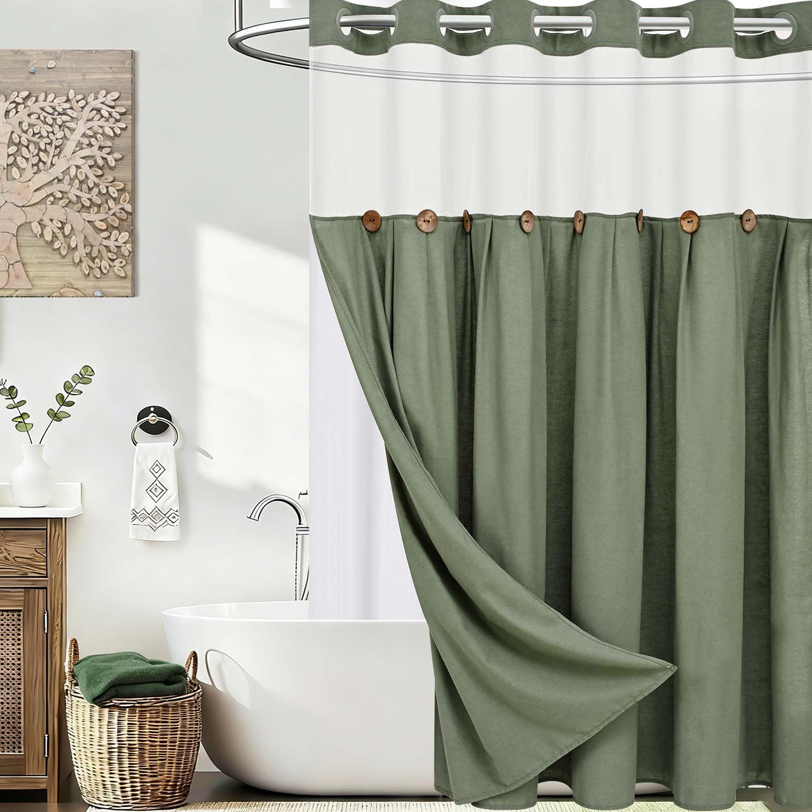 Alishomtll Shower Curtain for Bathroom, Washable Long Shower Curtains 180x205cm, Anti Mould Weighted Green Bathroom Curtains with Snap-fastening Waterproof Inner Lining and Transparent Window