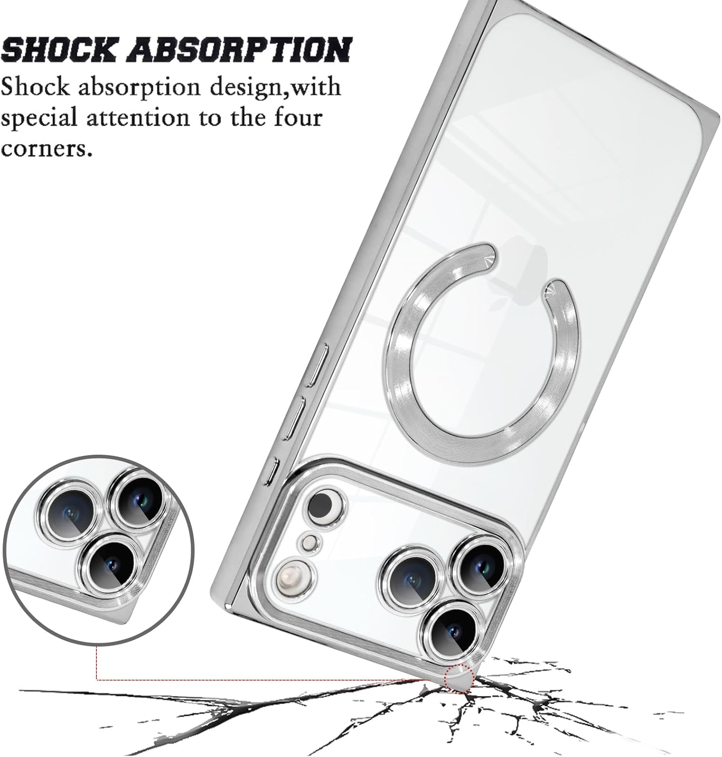 KANGHAR Case Compatible with iPhone 17 Pro Max Case Magnetic Clear with Camera Lens Protector[Compatible with MagSafe] Luxury Cute Plating Design Full-Body Shockproof Rectangle Protection Cover Sliver - Image 2