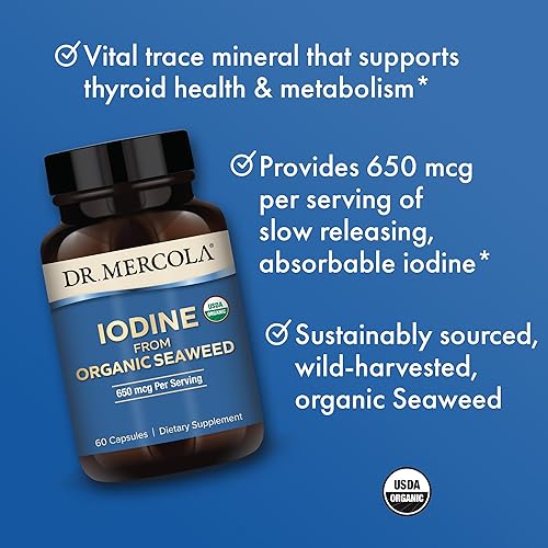 Miniatura 4 de Dr. Mercola Yodo de algas orgánicas, 650 mcg por porción, 30 porciones (60 cápsulas), suplemento dietético, tiroides y apoyo energético, sin OMG,